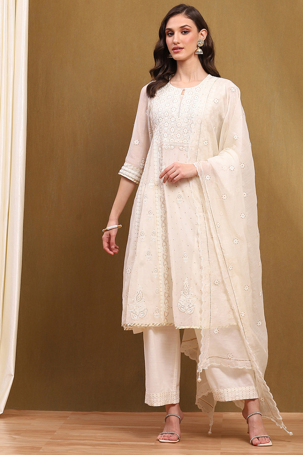 Powder Blue Silk Chanderi Embroidered Kalidar Suit Set image number 0