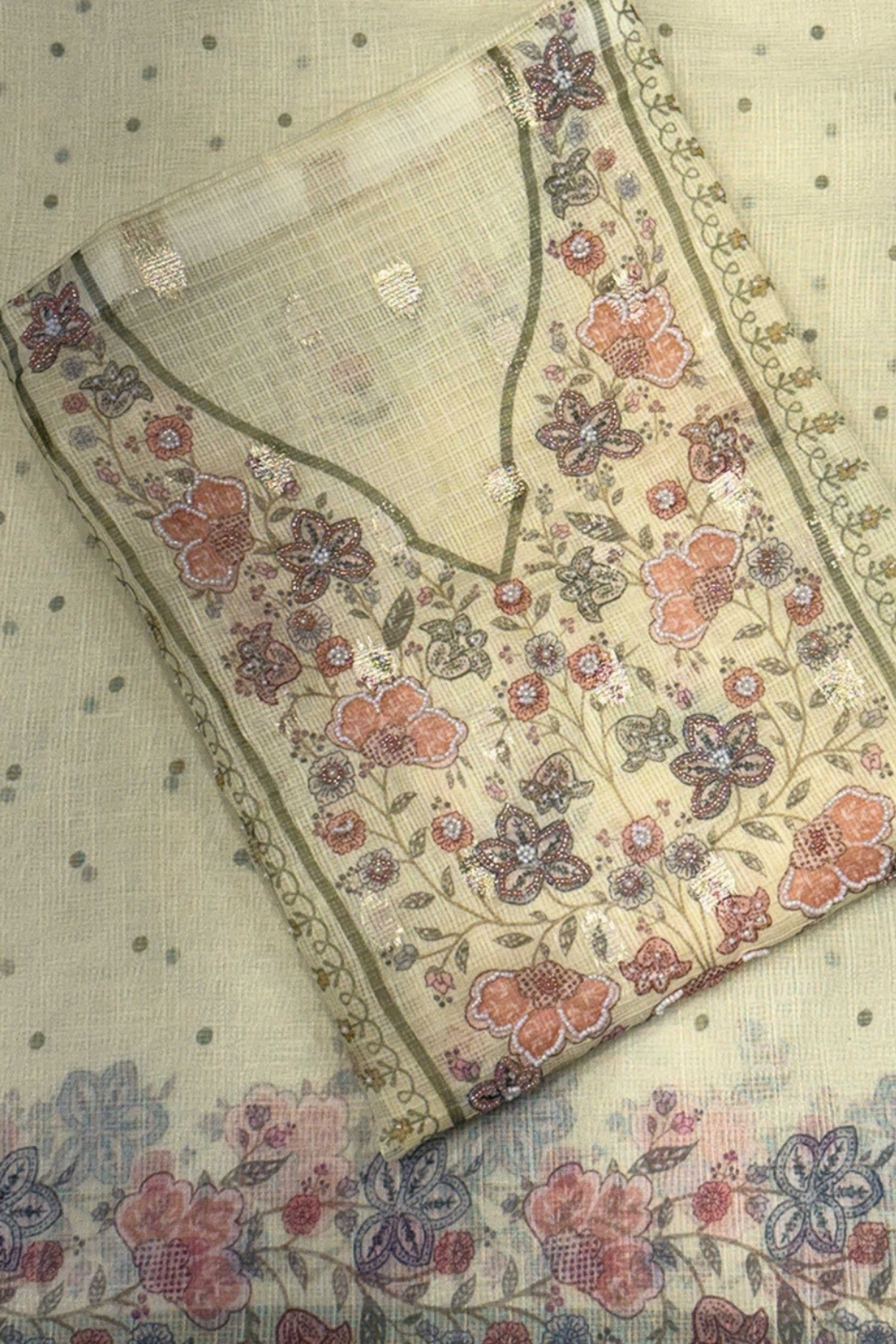 Teal Kota Cotton Neck Embroidered Unstitched Suit Set image number 1
