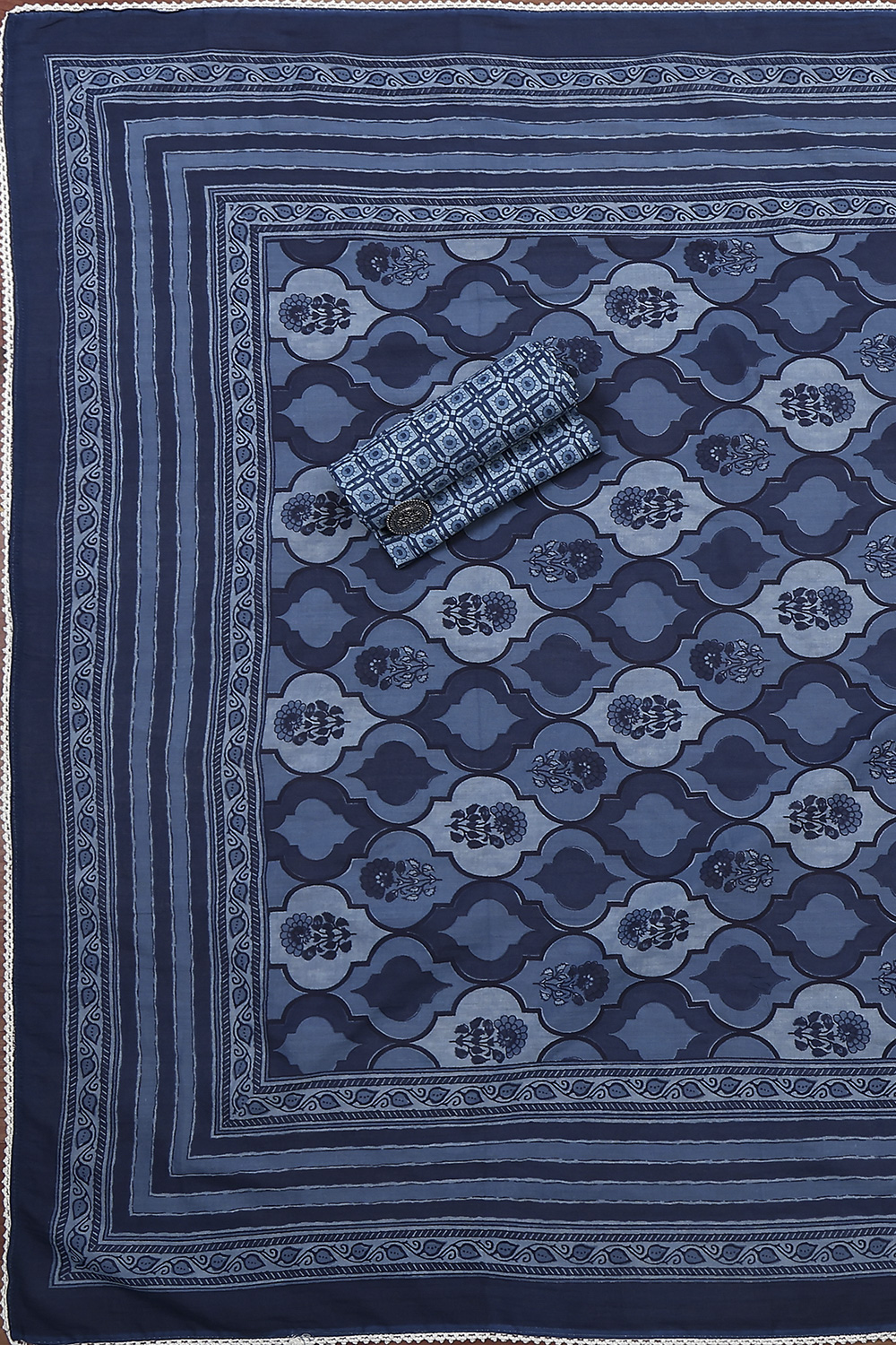 Indigo Cotton Screen Print Unstitched Suit Set image number 3