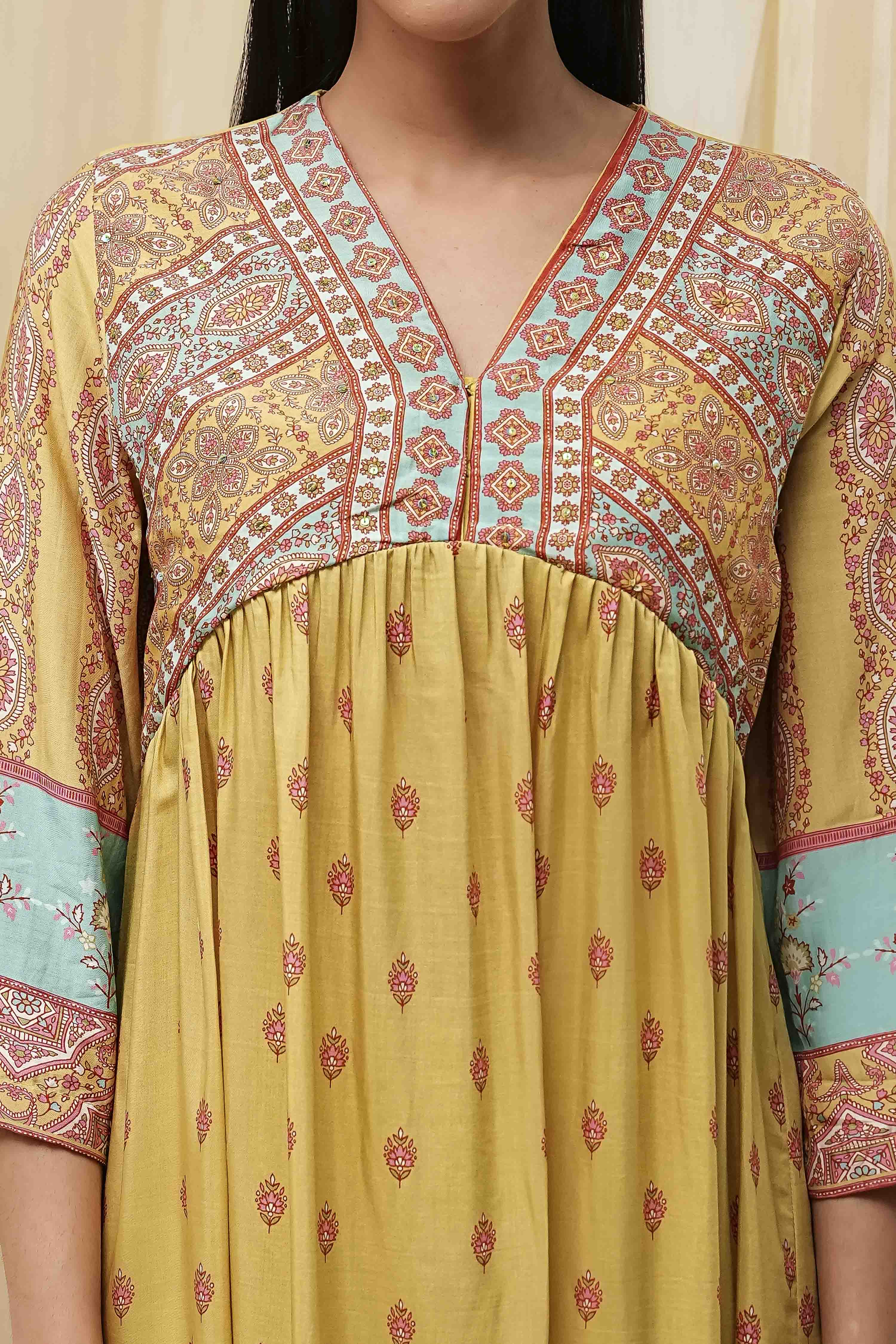 Green Modal Printed Gathered Kurta Set image number 1