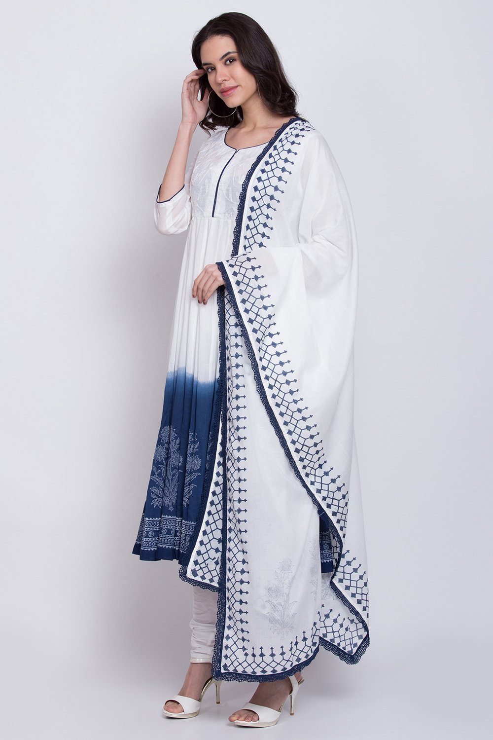 White And Blue Cotton Anarkali Kurta Churidar Suit Set image number 3