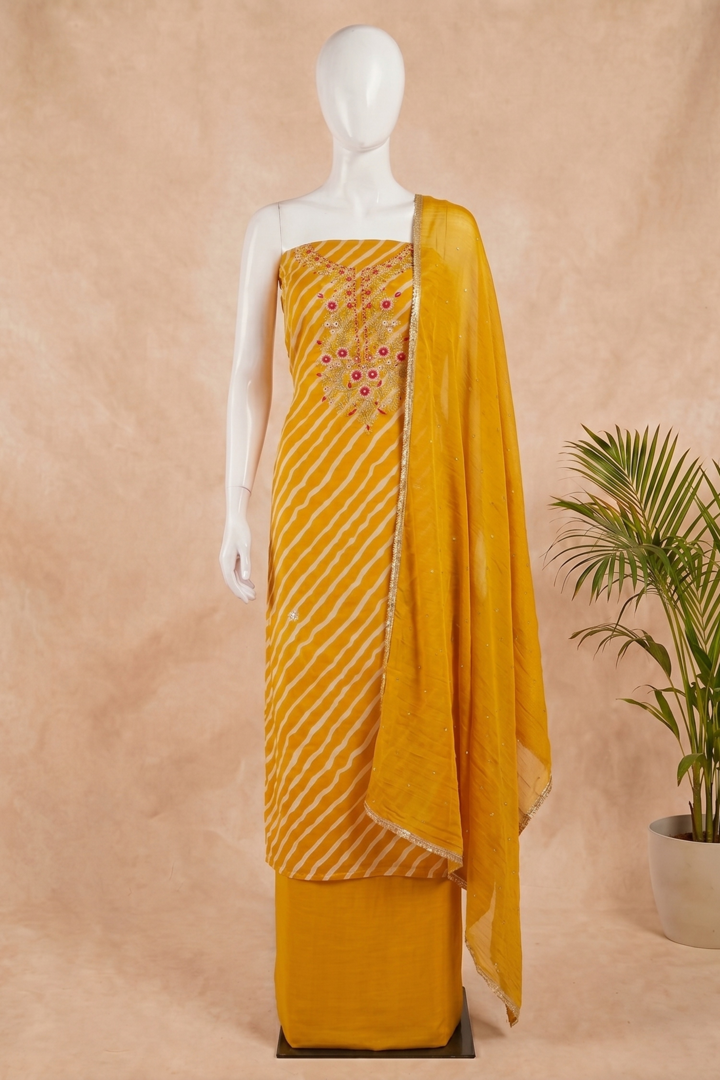 Pink Chanderi Embroidery With Rajasthani Lehriya Print Unstitched Suit Set image number 4