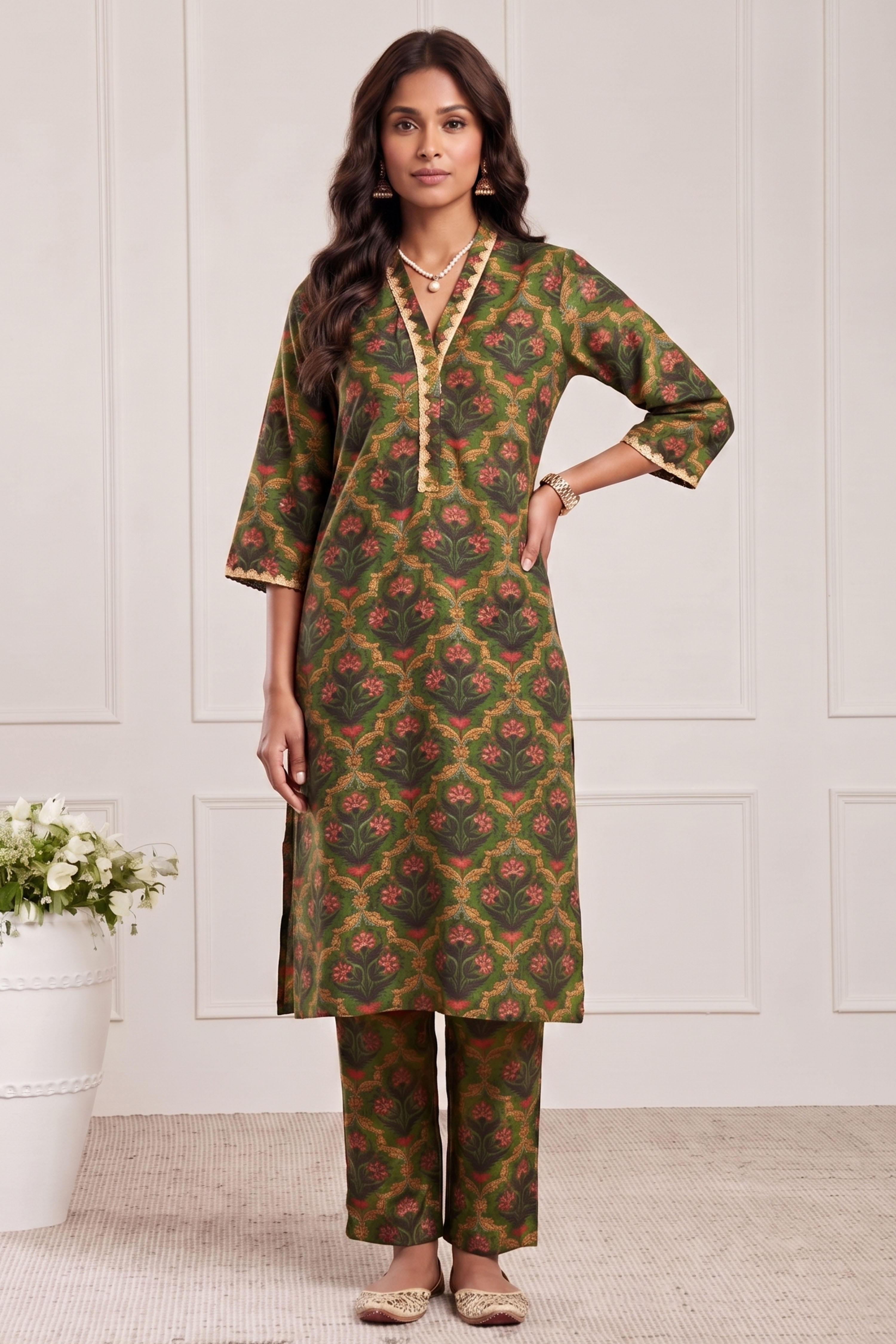 Green Poly Viscose Straight Kurta Pants Set image number 6