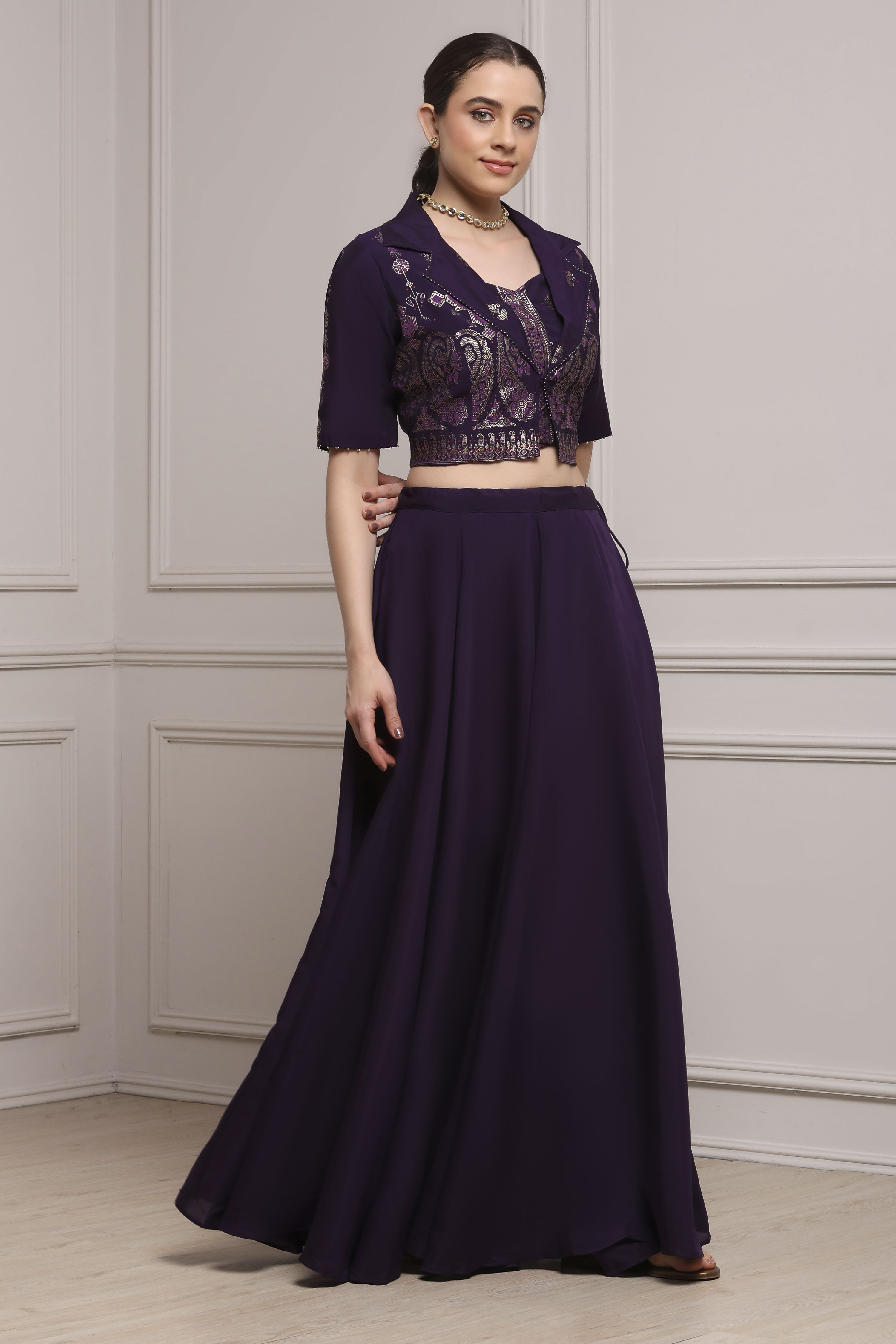 Purple Viscose Blend Printed Fusion Set image number 5