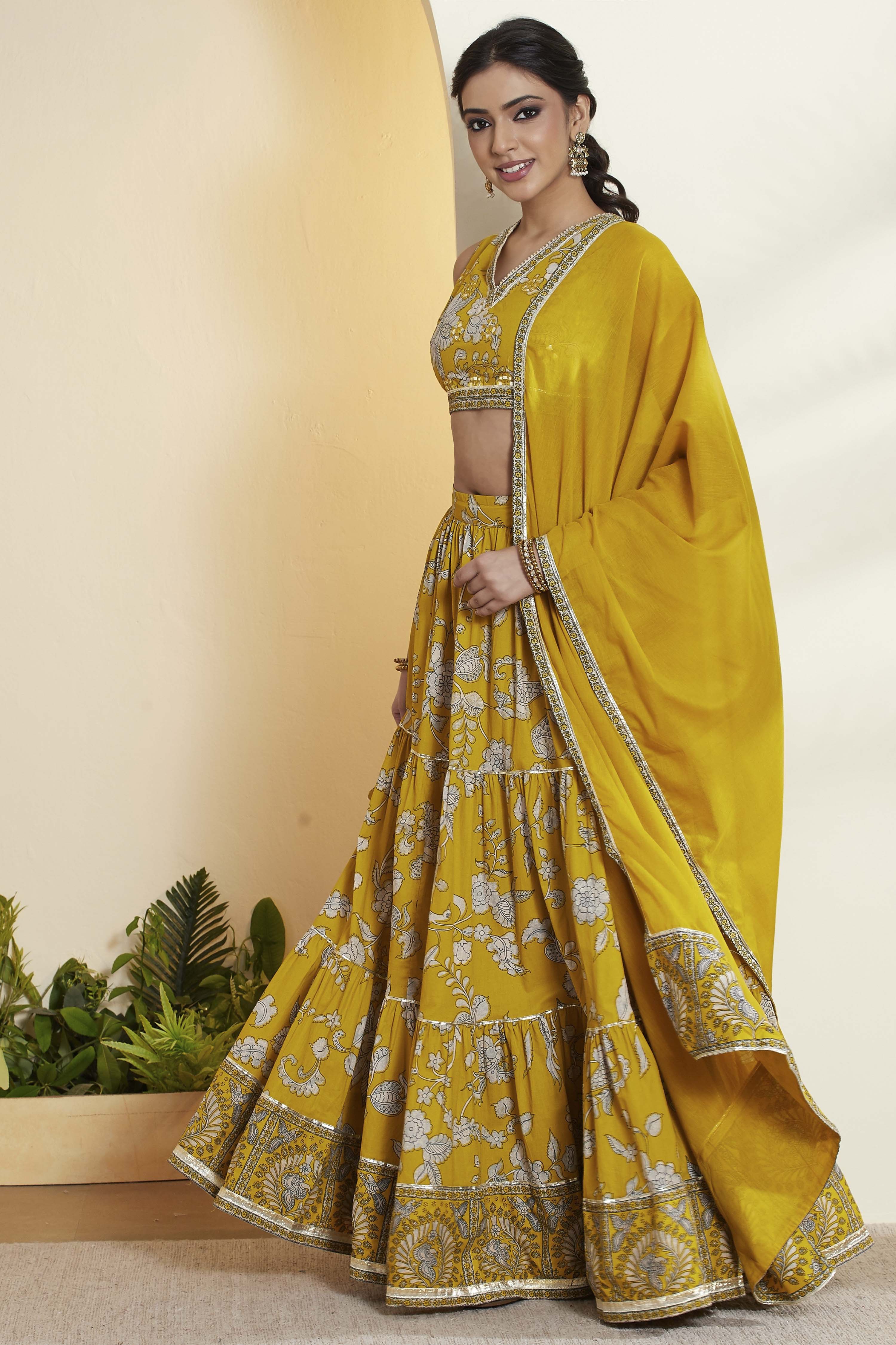 Yellow Cotton Straight Lehenga Set image number 4