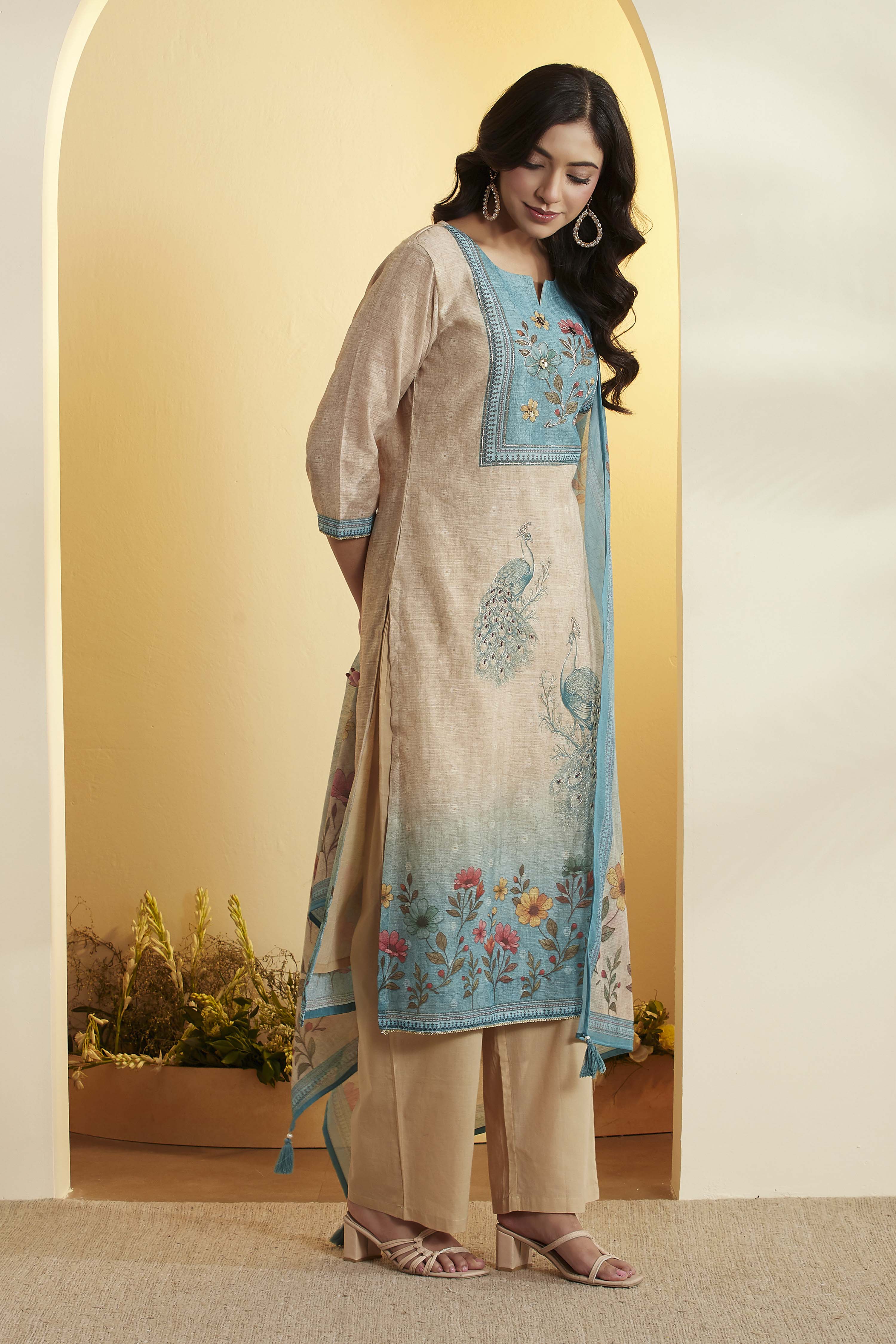 Blue Poly Linen Straight Suit Set image number 4