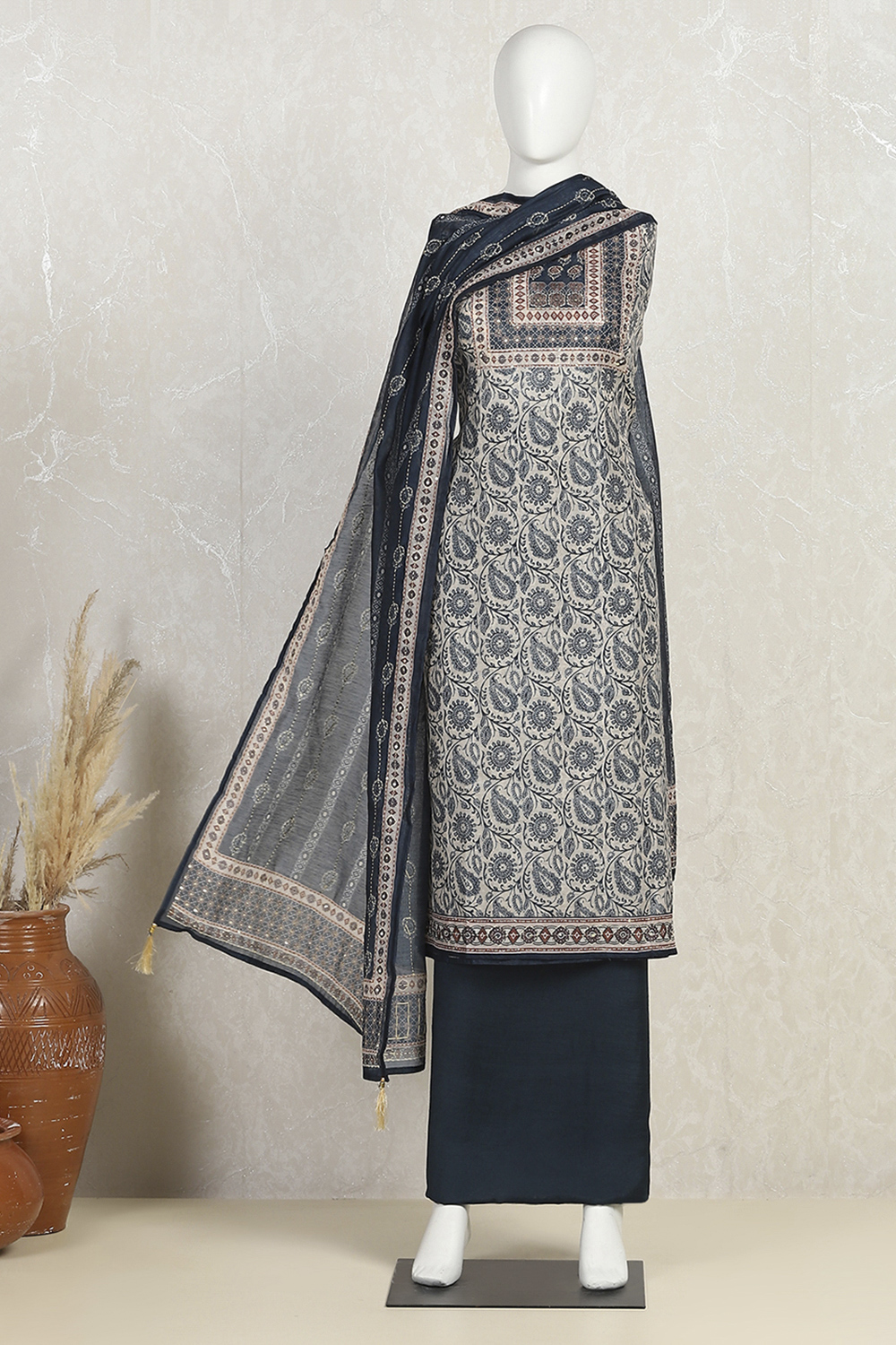 Navy Blue Chanderi Hand Embroidered Unstitched Suit Set image number 4
