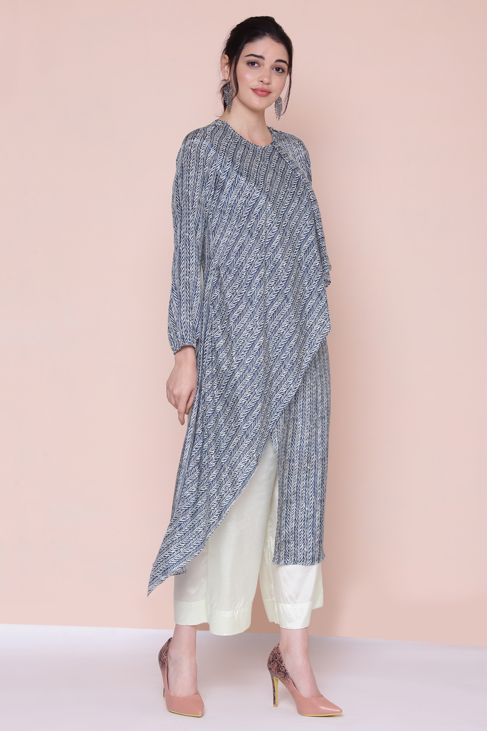 Blue Viscose A-line Tunic Pants Set image number 2