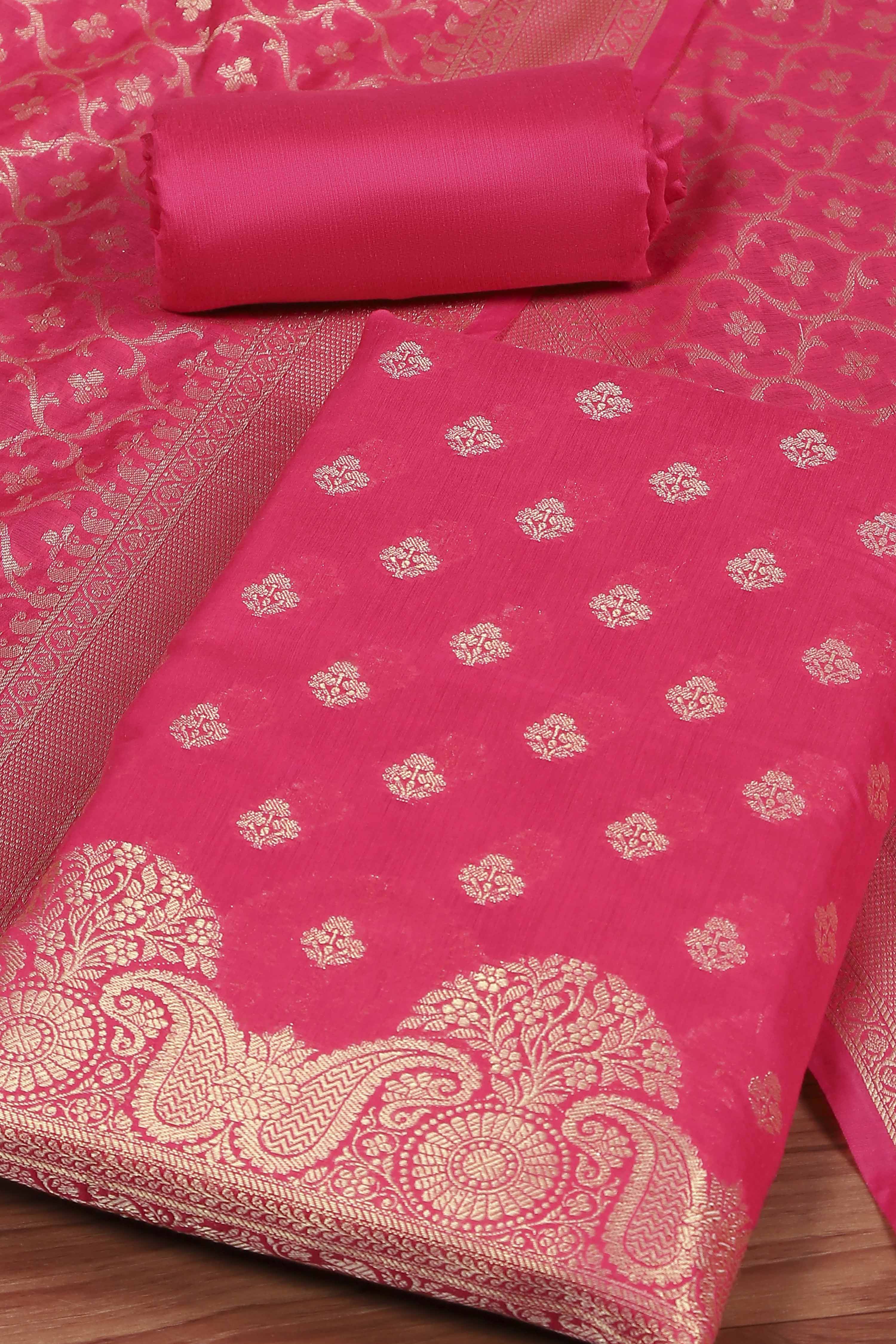 Pink Cotton Printed Embroidered Unstitched Suit Set image number 1