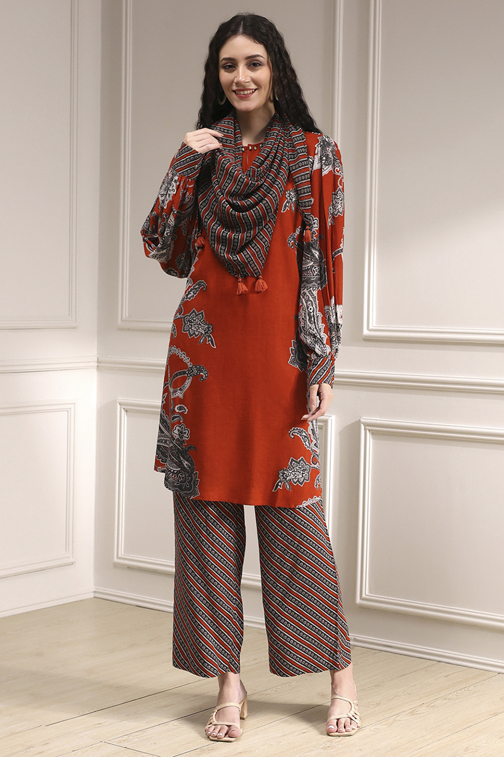 Orange Viscose Printed Fusion Set image number 0