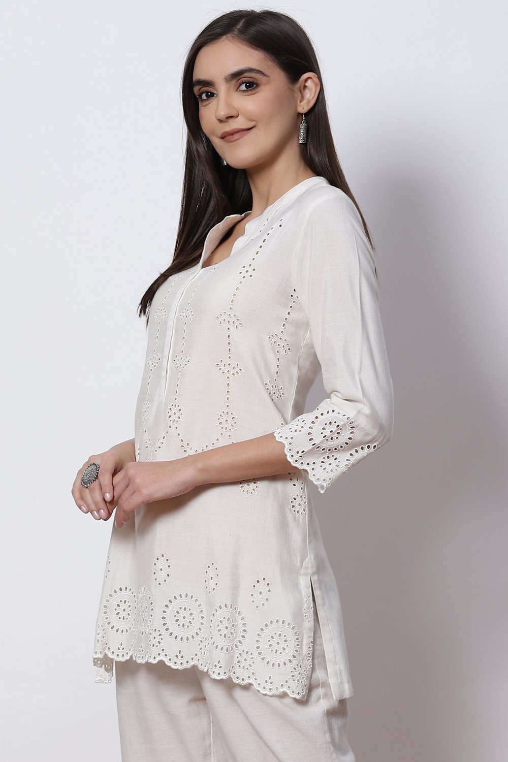 Natural White LIVA Short Solid Kurti image number 2