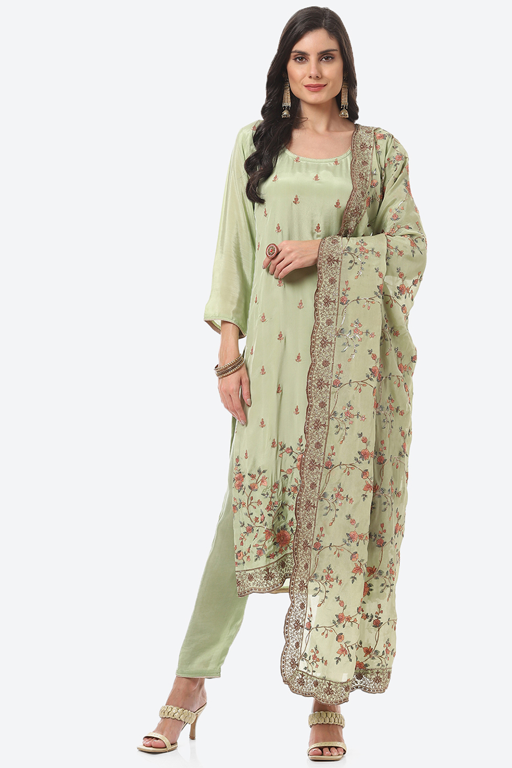 Green Crepe Unstitched Suit Set image number 0