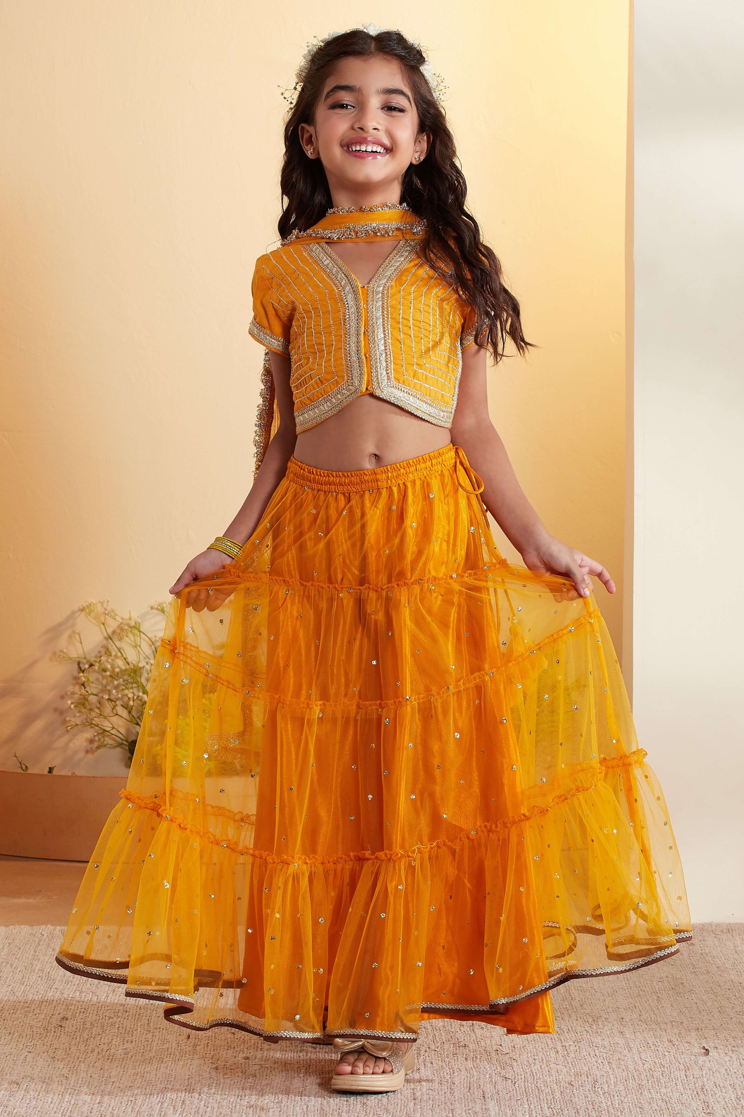 Yellow Cotton Sequined Tiered Lehenga Set image number 6