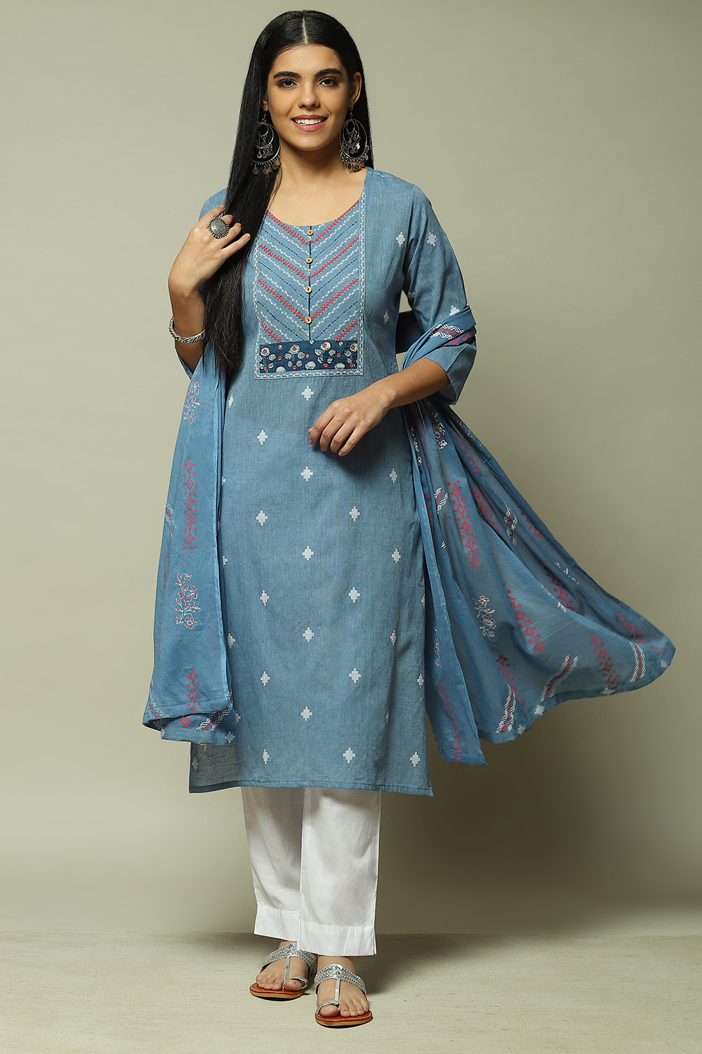Indigo Cotton Machine Embroidered Unstitched Suit Set image number 6
