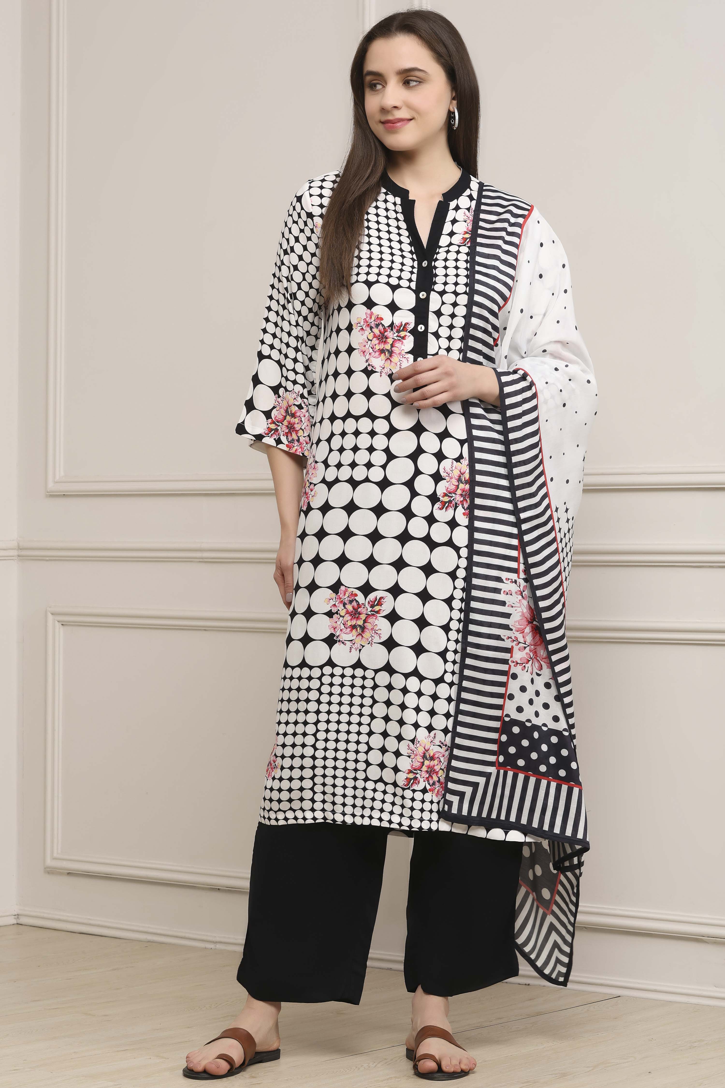 Black and White Printed Straight Suit Set image number 6