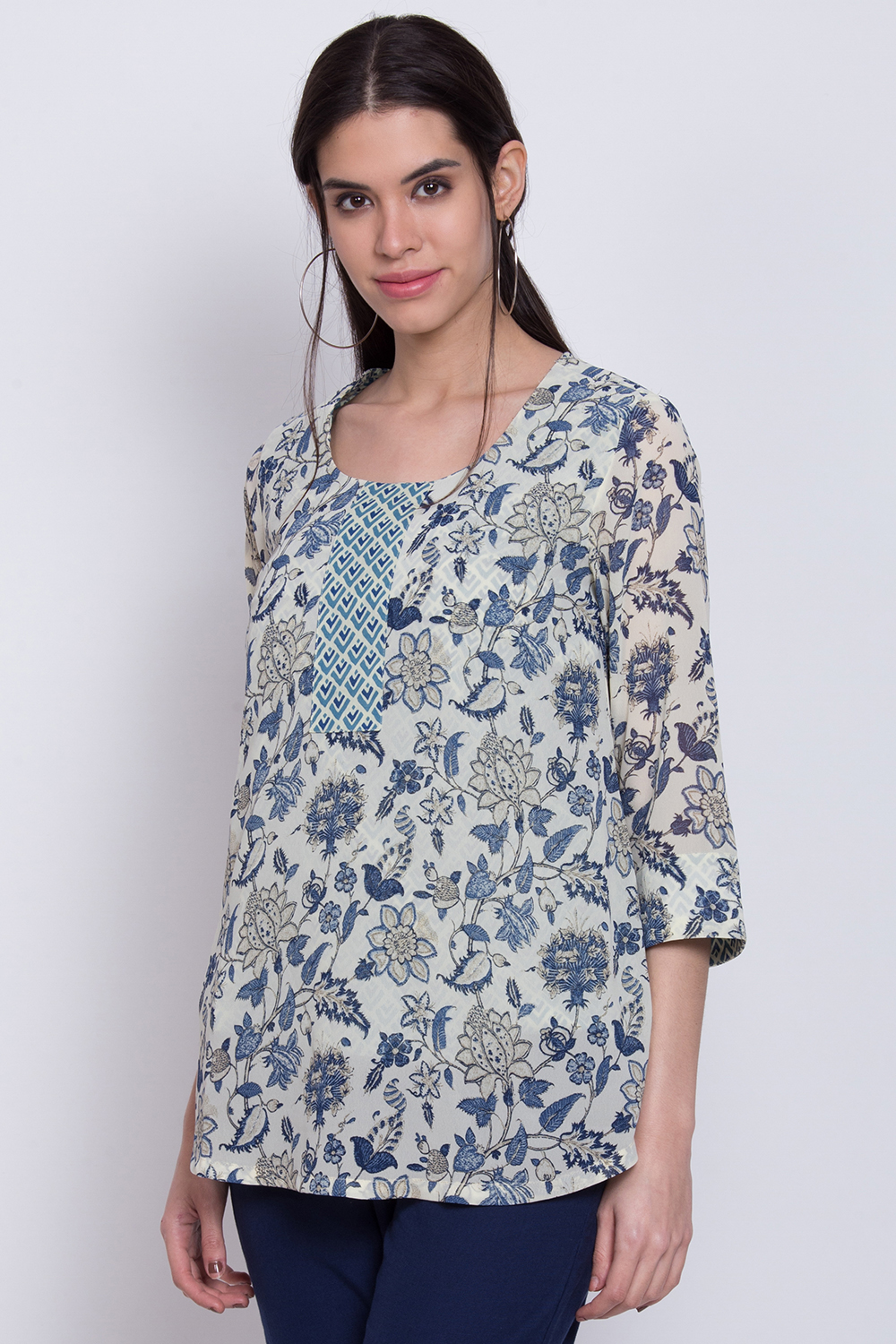 Cream Art Silk Straight Printed Kurti image number 3