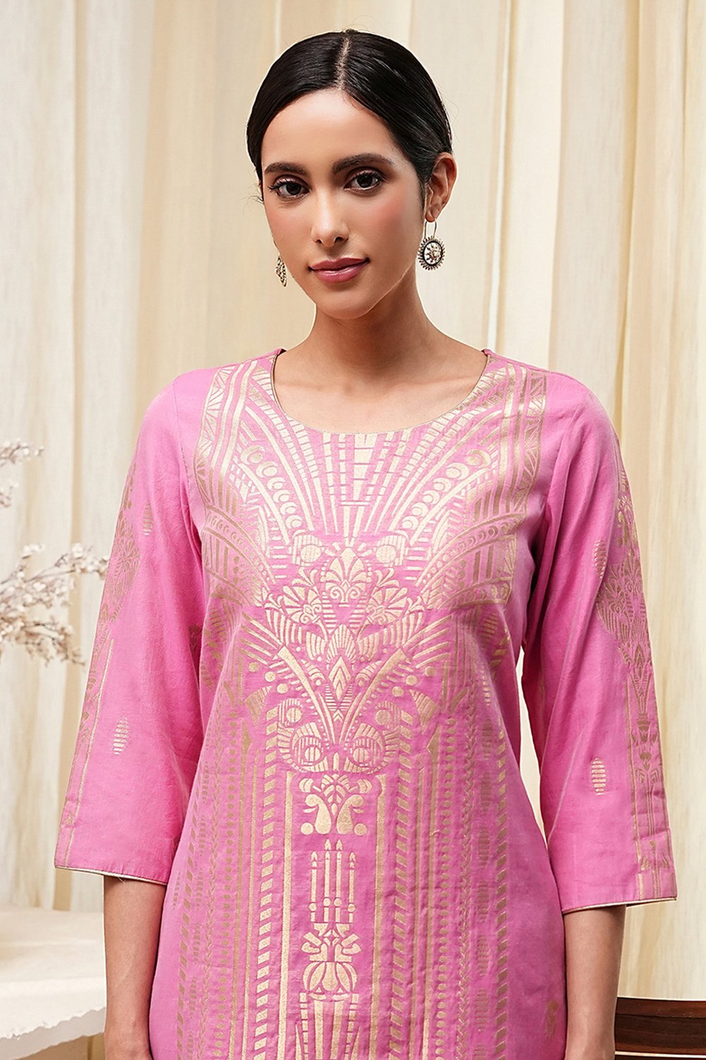 Pink Poly Cotton Straight Yarndyed Kurta image number 1