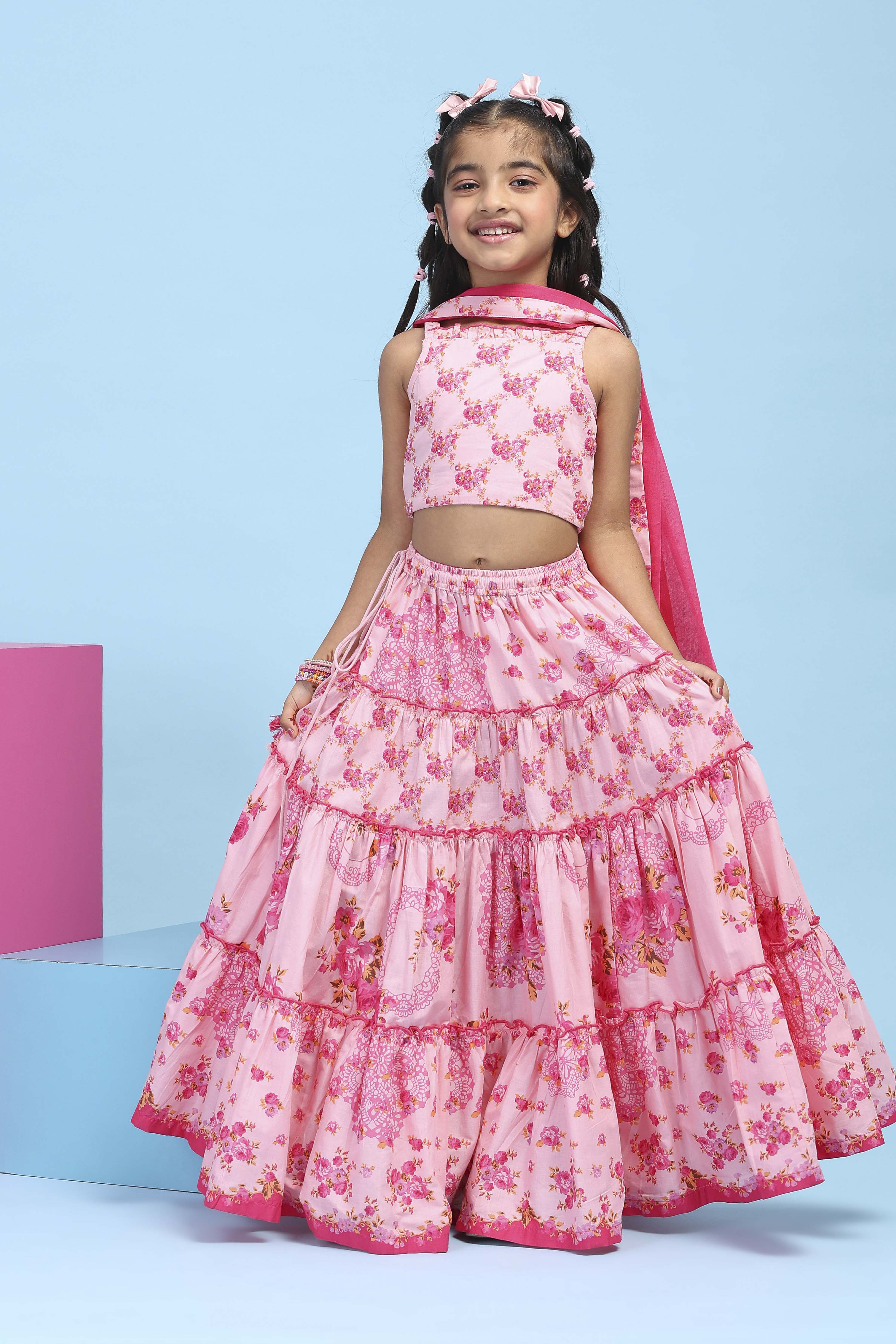 Pink Cotton Printed Tiered Lehenga Set image number 3