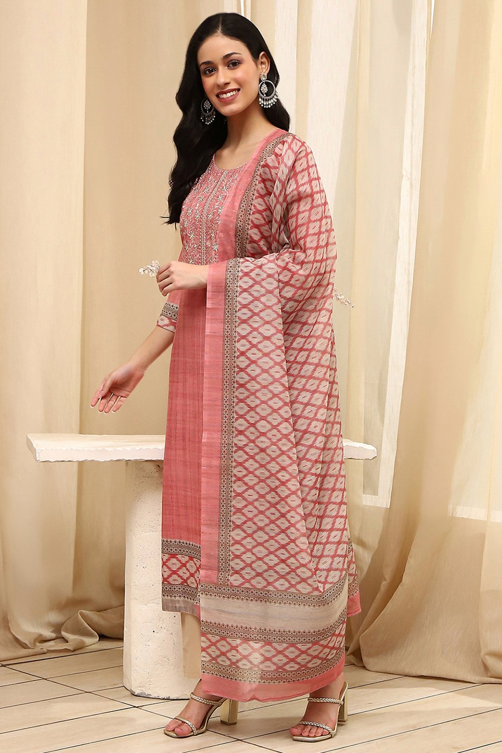 Pink Cotton Machine-Embroidered Unstitched Suit Set image number 4