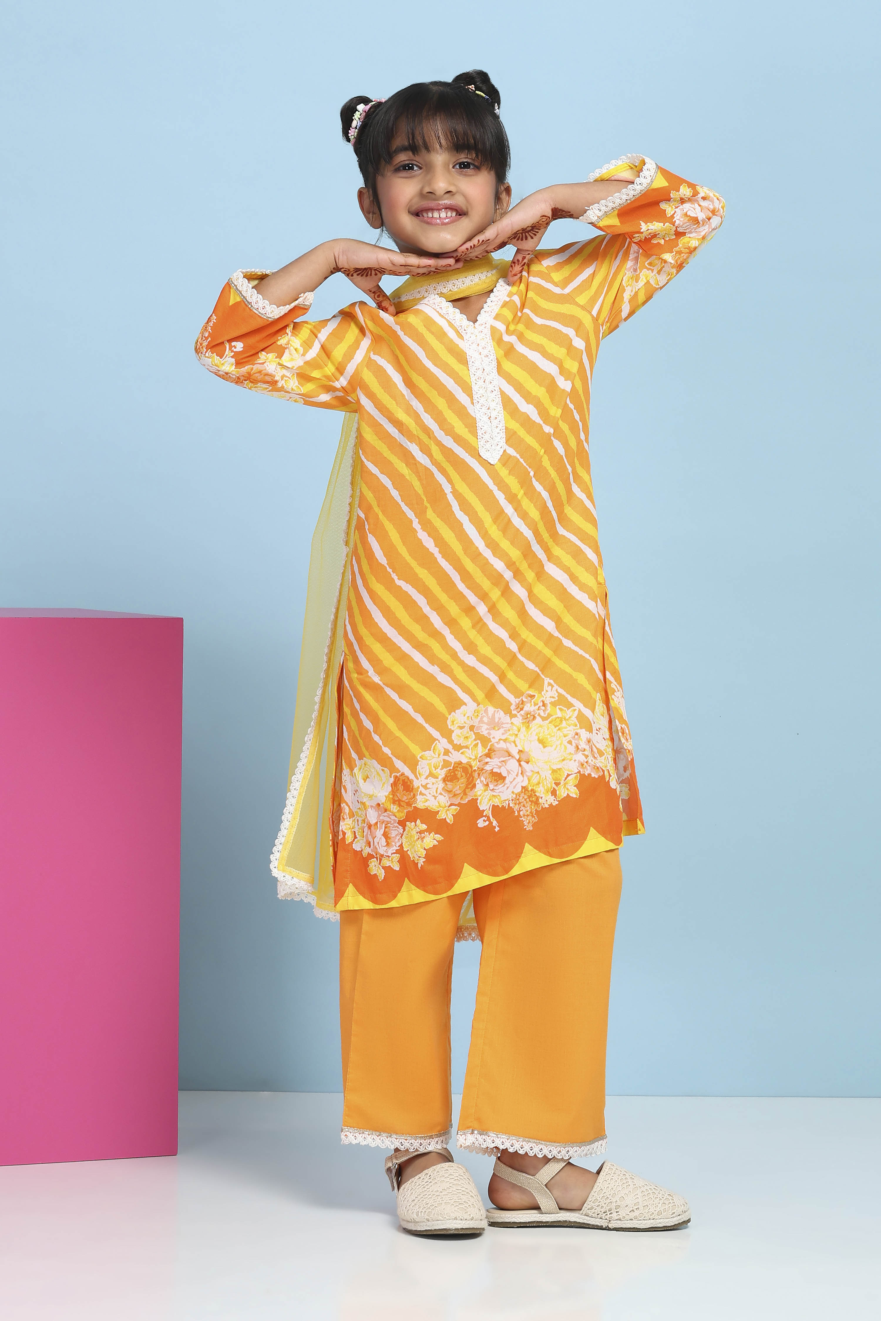 Orange Cotton Printed Straight Suit Set image number 6