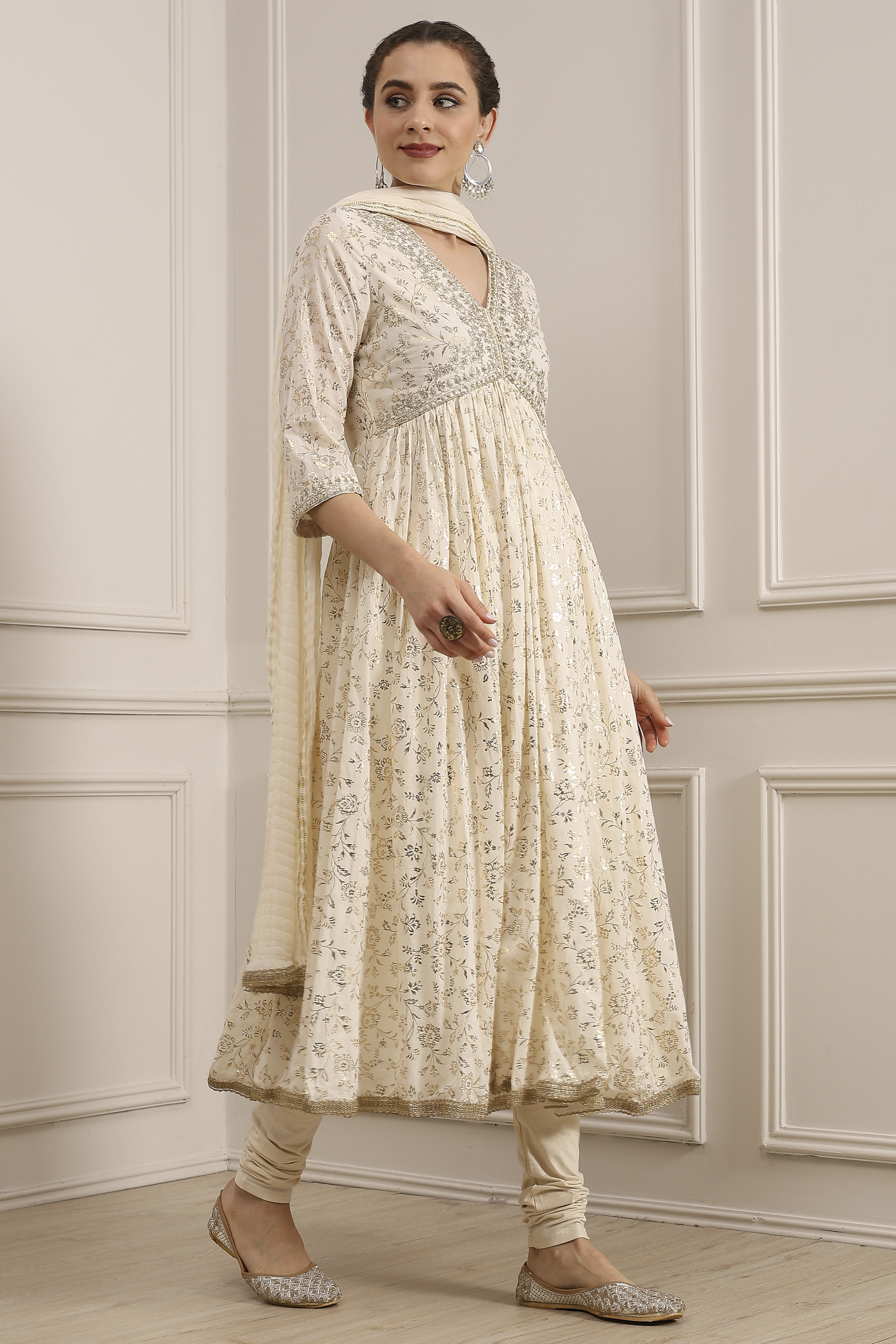 Off-White Cotton Foil Printed Anarkali Suit Set image number 2