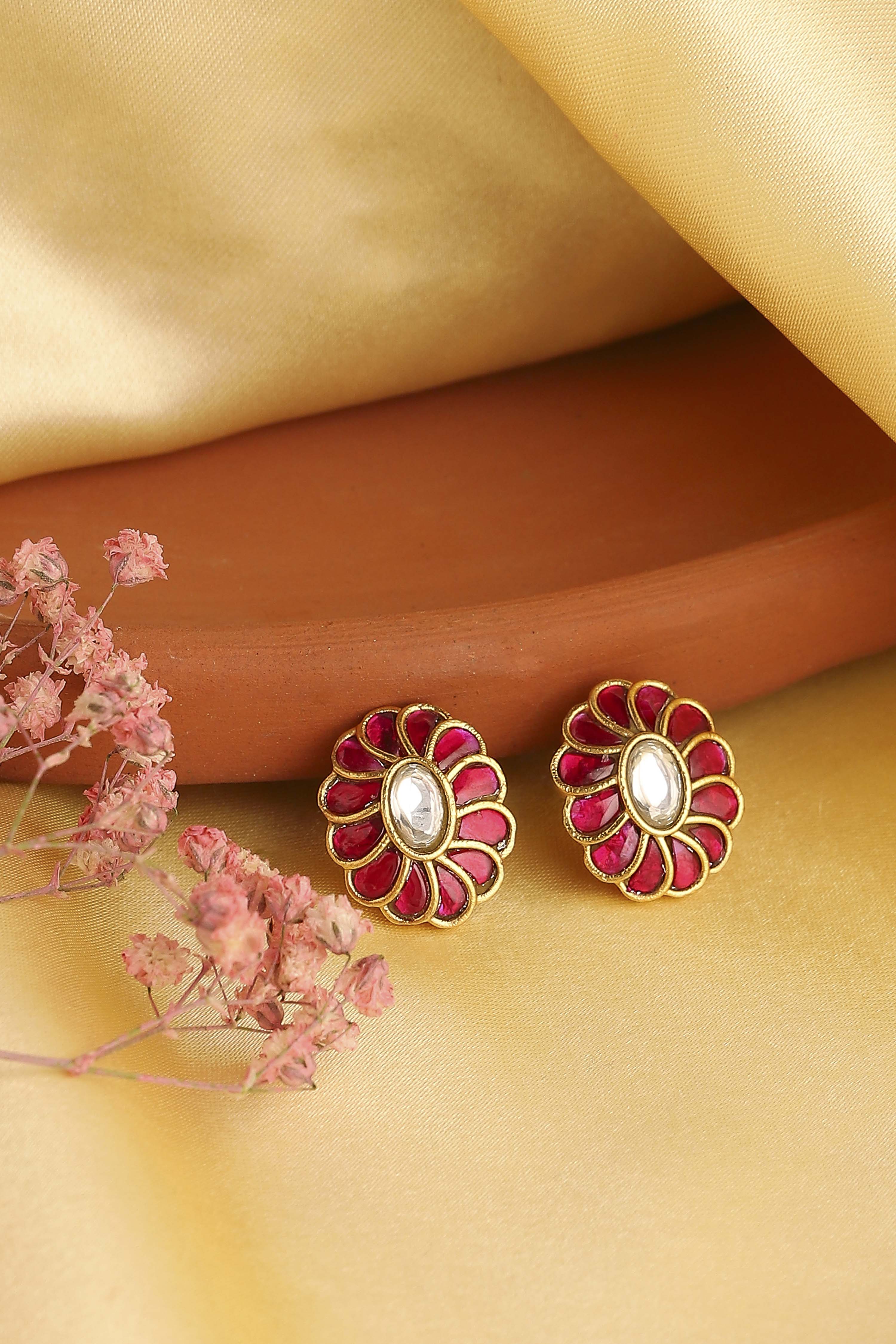 Pink Gold Plated Brass Floral Studs image number 0