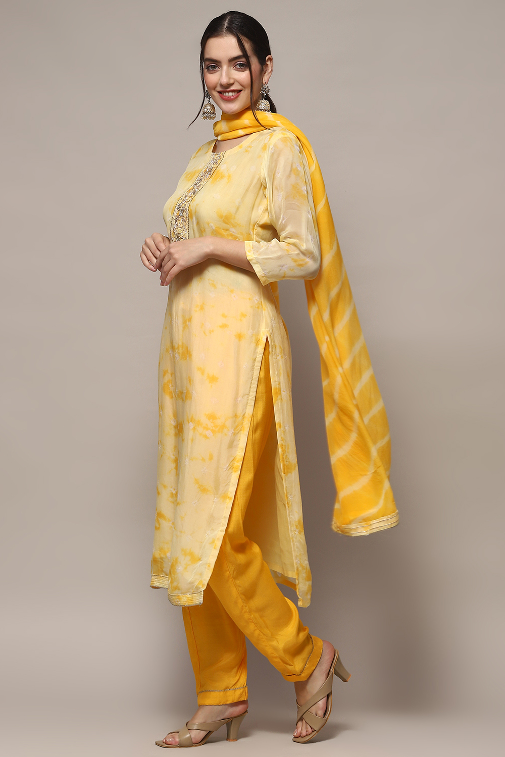 Yellow Organza Unstitched Suit set image number 5
