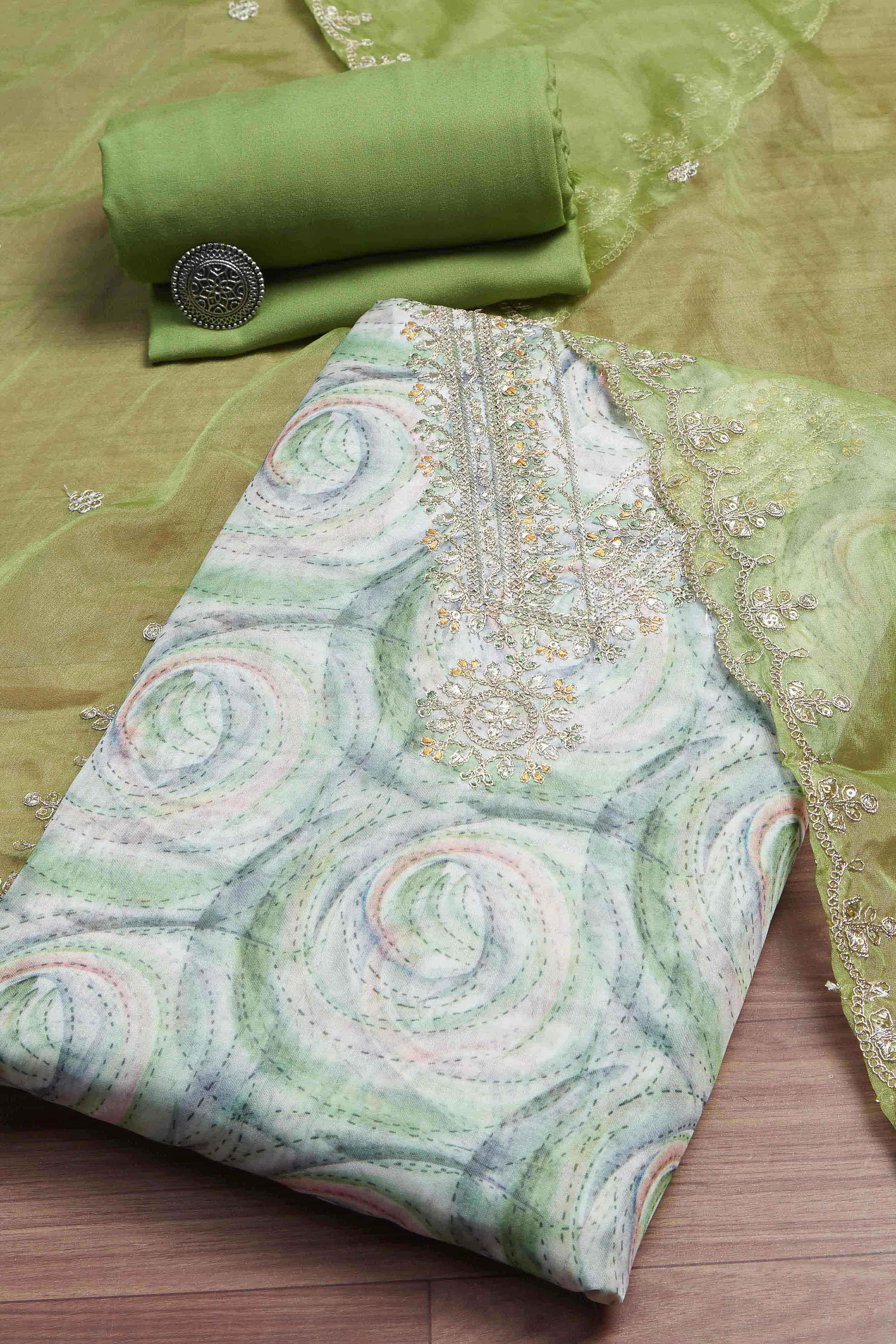 Pink Organza Rajasthani Print Unstitched Suit Set image number 0