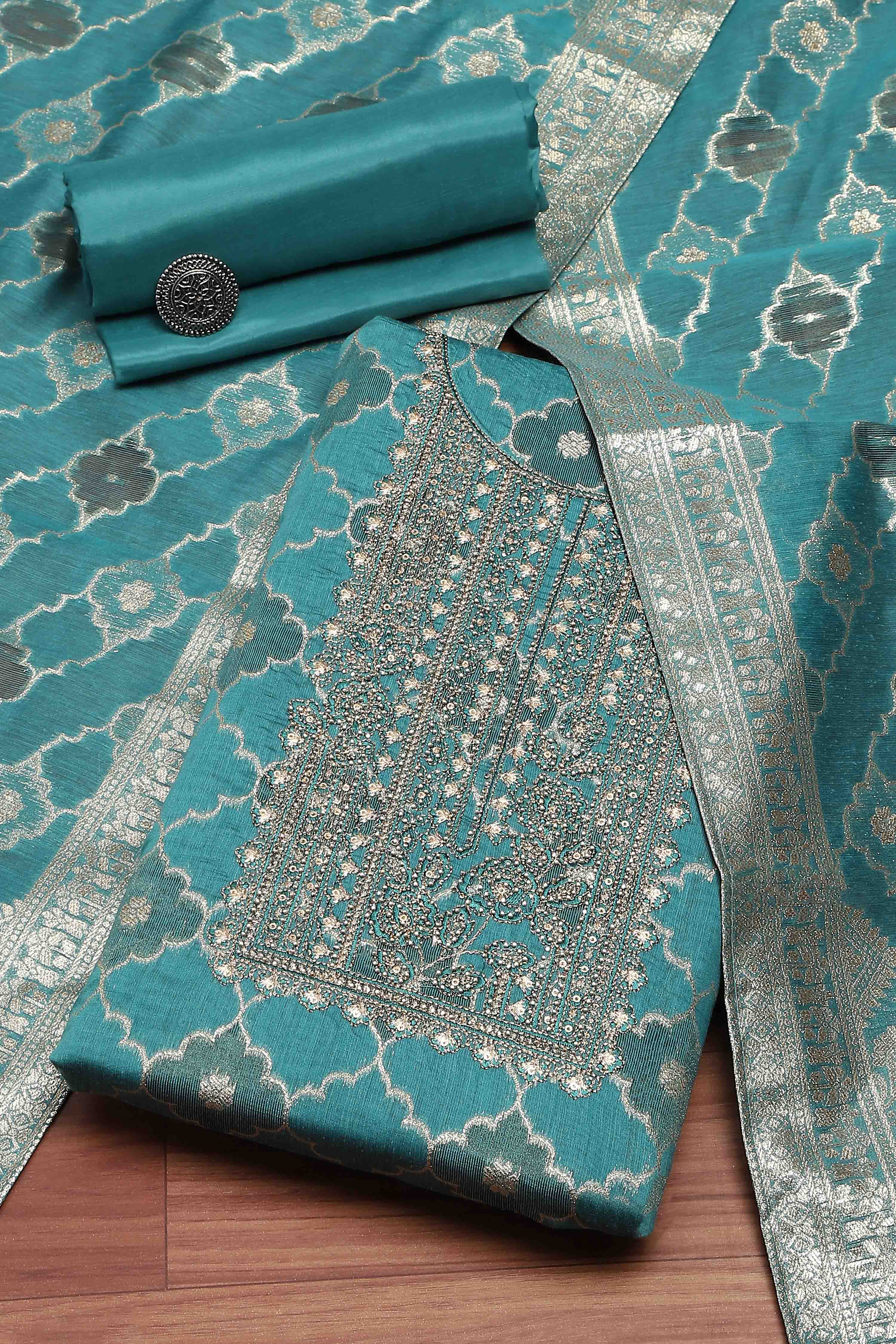Lavender Tissue Chanderi Embroidered Unstitched Suit Set image number 0
