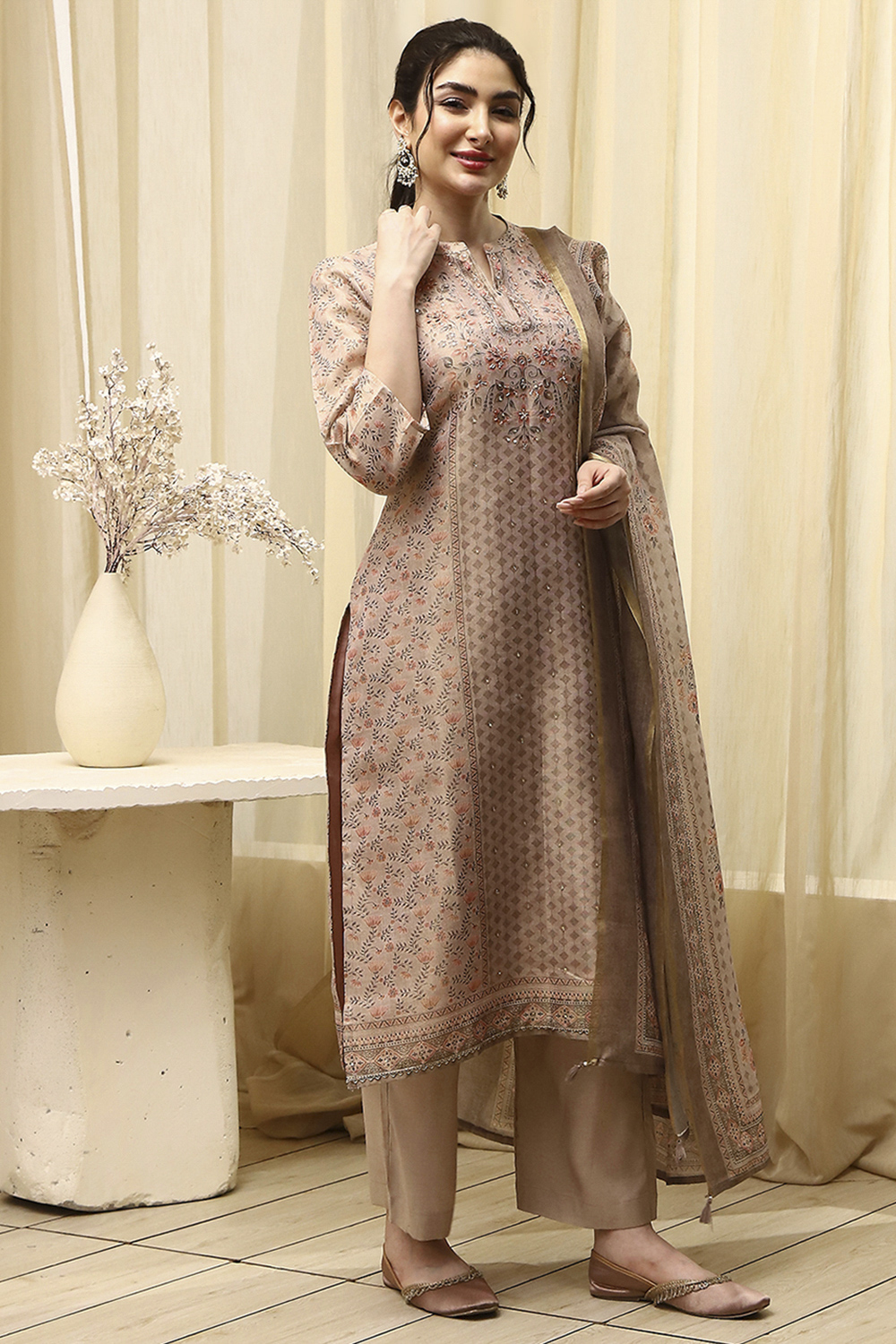 Lavender Chanderi Printed Unstitched Suit Set image number 6