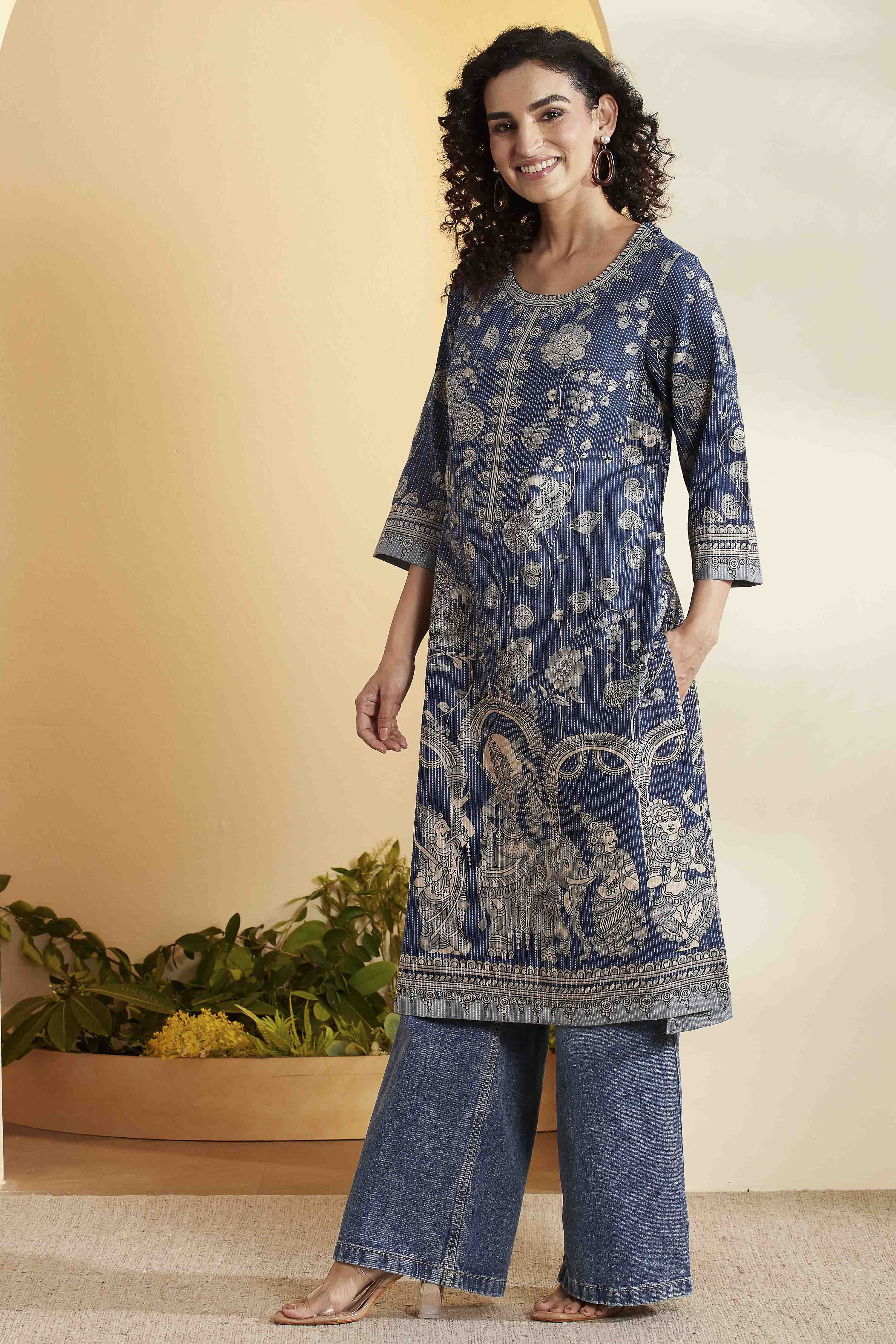 Navy Cotton Straight Kurta image number 2