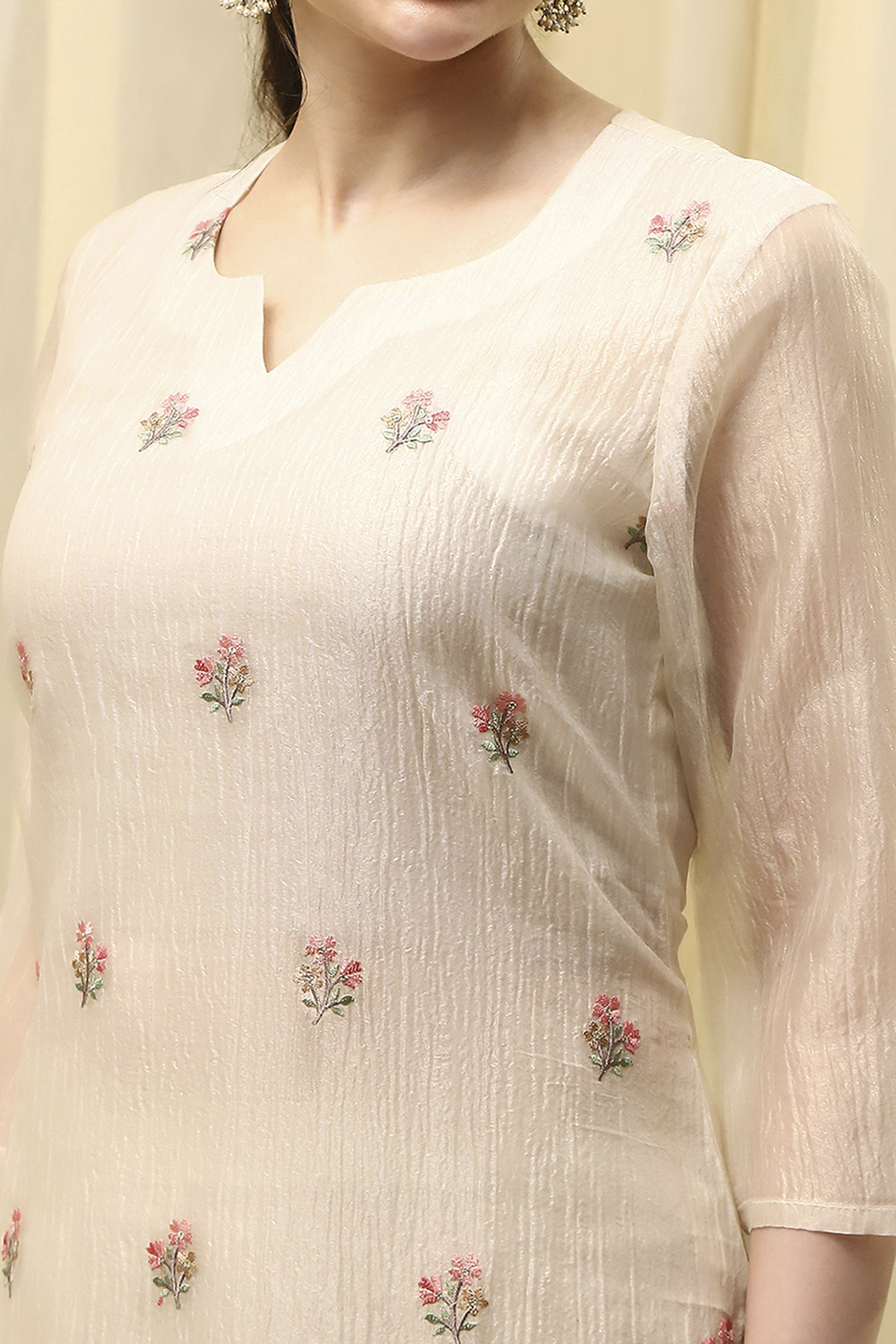 Beige Tissue Machine Embroidered Unstitched Suit Set image number 2