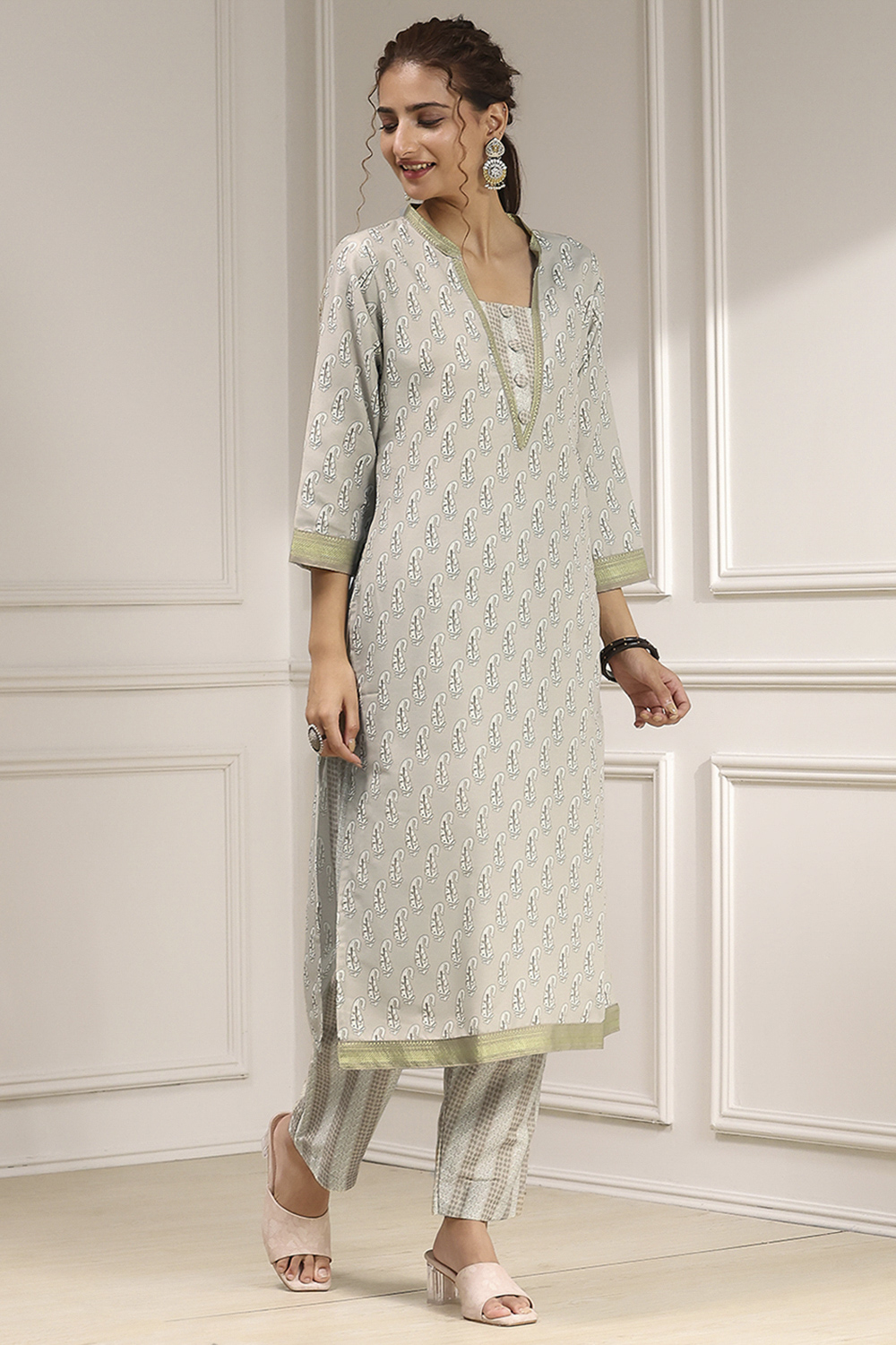 Beige Cotton Modal Digital Print Unstitched Suit Set image number 6