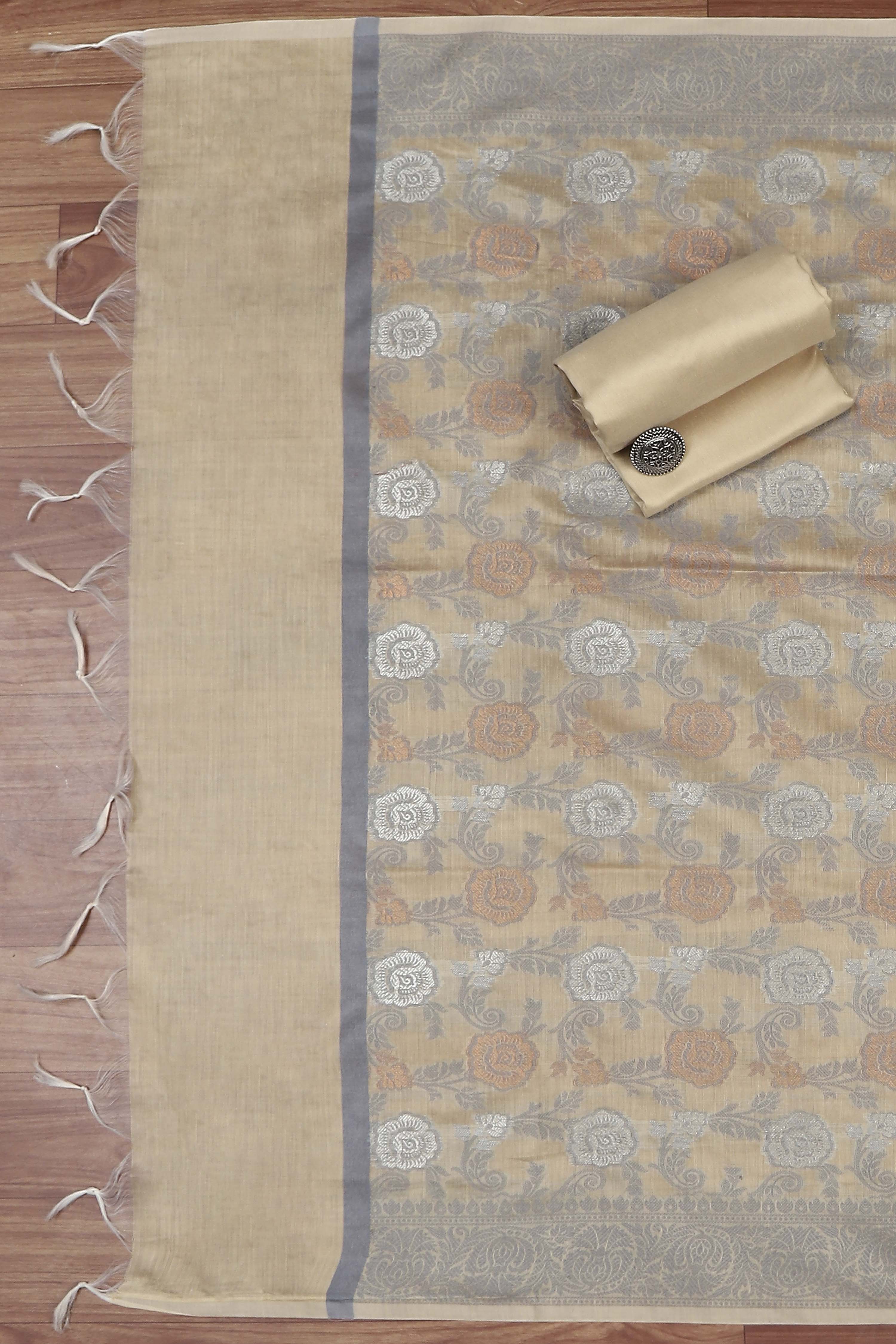 Beige Cotton Printed Embroidered Unstitched Suit Set image number 3