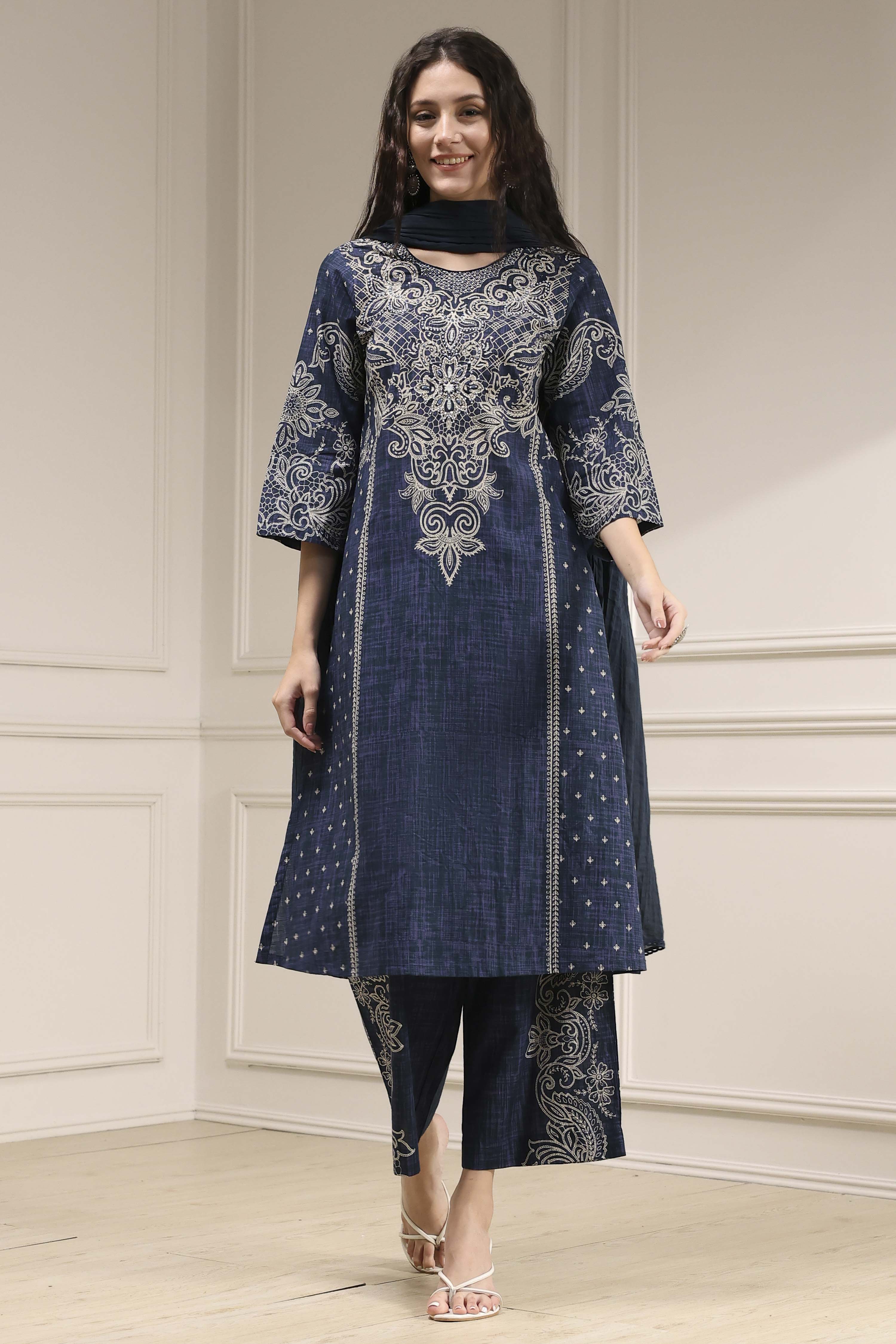 Blue Pure Cotton Printed Straight Suit Set image number 5