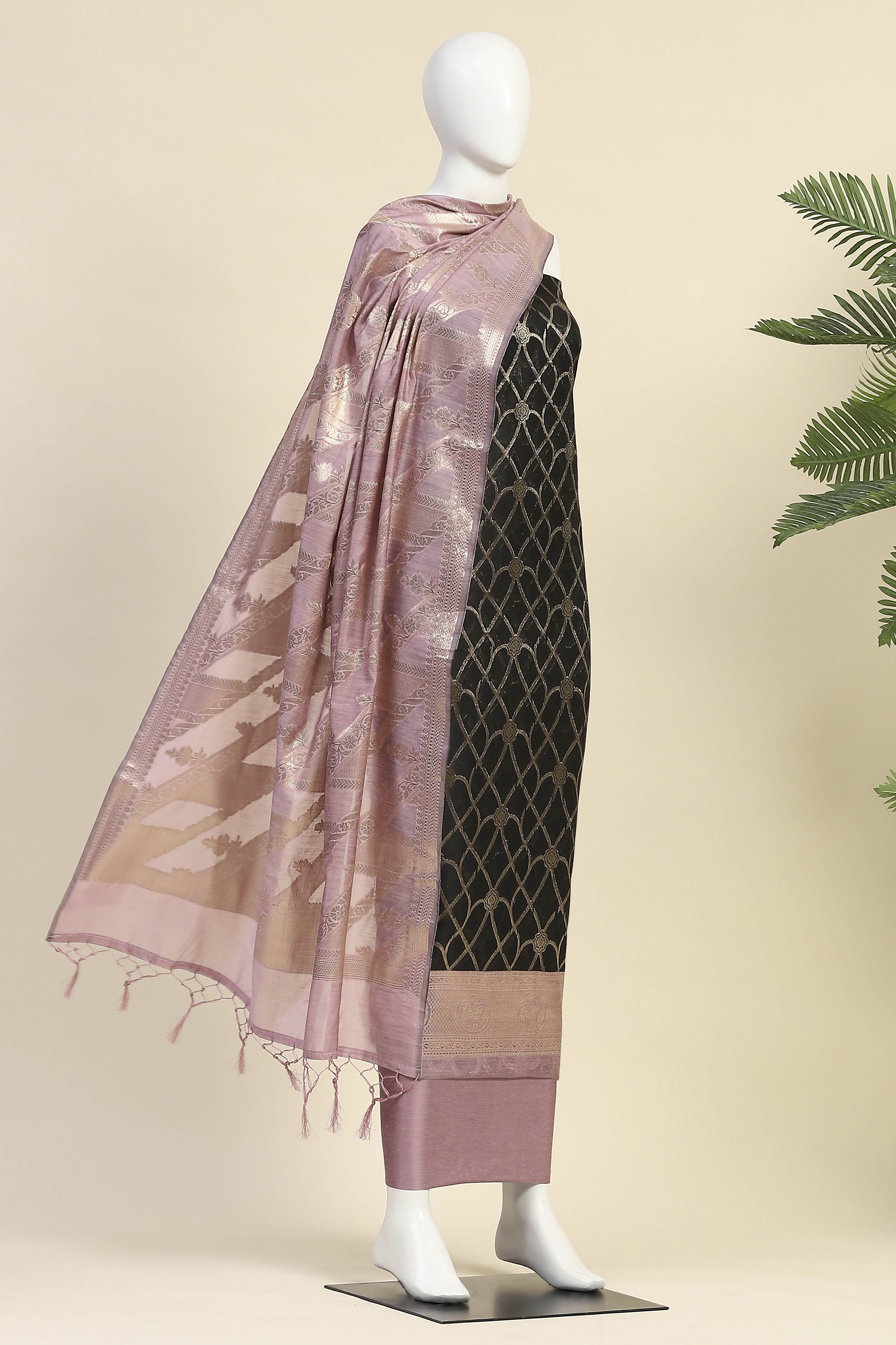 Black Cotton Printed Embroidered Unstitched Suit Set image number 4