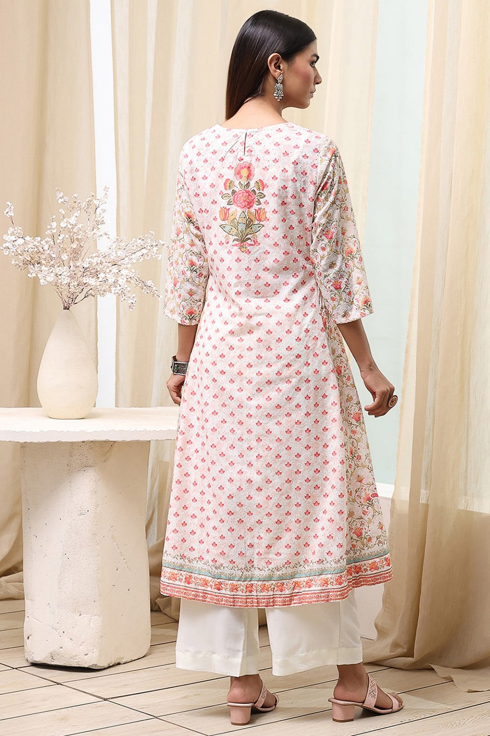 Off-White and Blue Cotton Floral Kalidar Suit Set image number 4