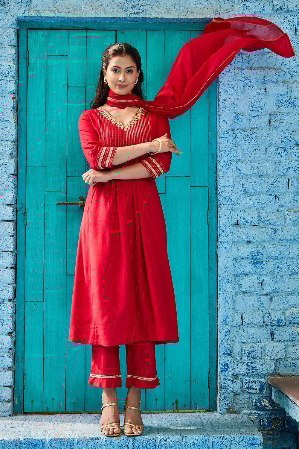 Red Rayon Gathered Suit Set image number 0