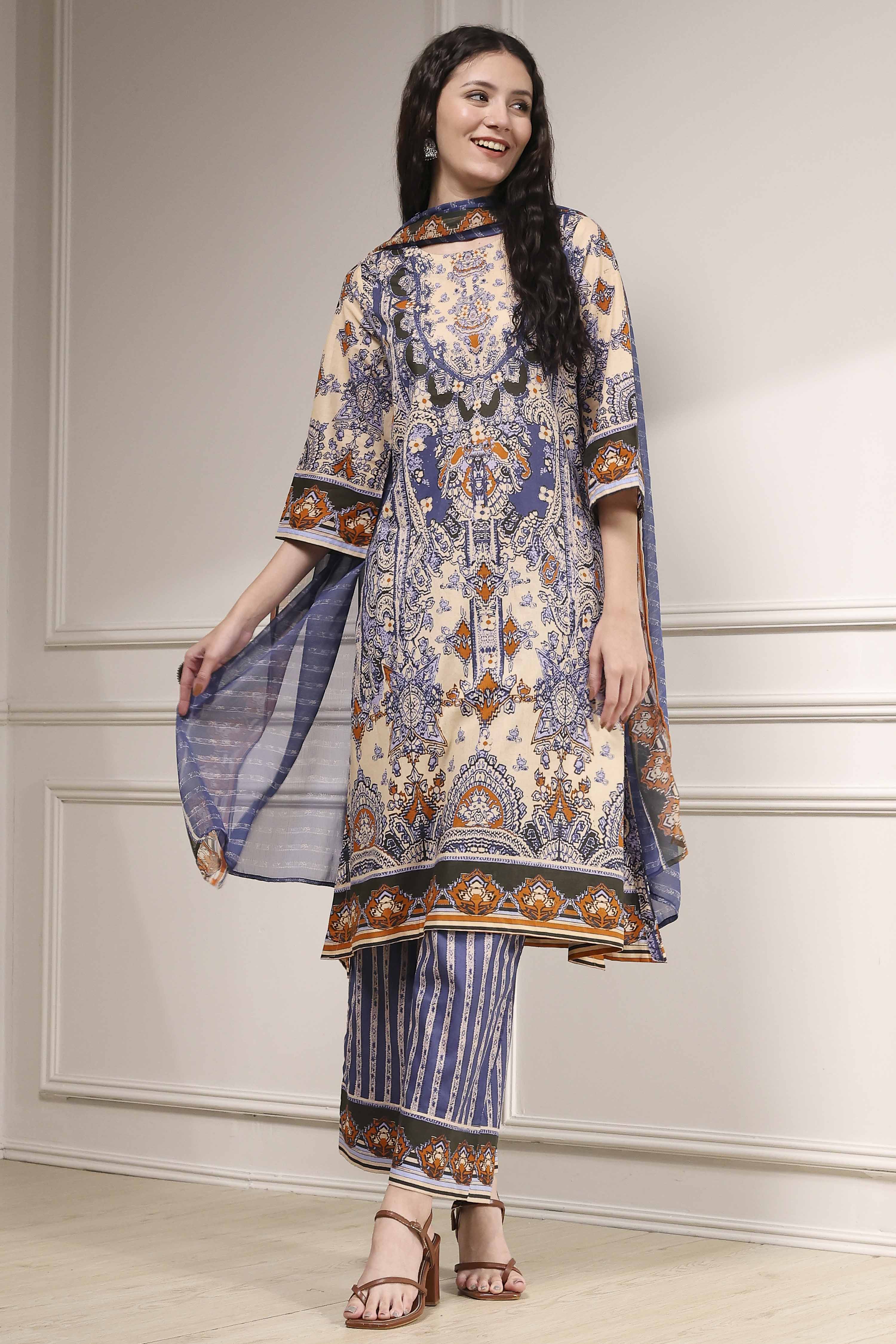 Navy Blue and Beige Cotton Straight Suit Set image number 6