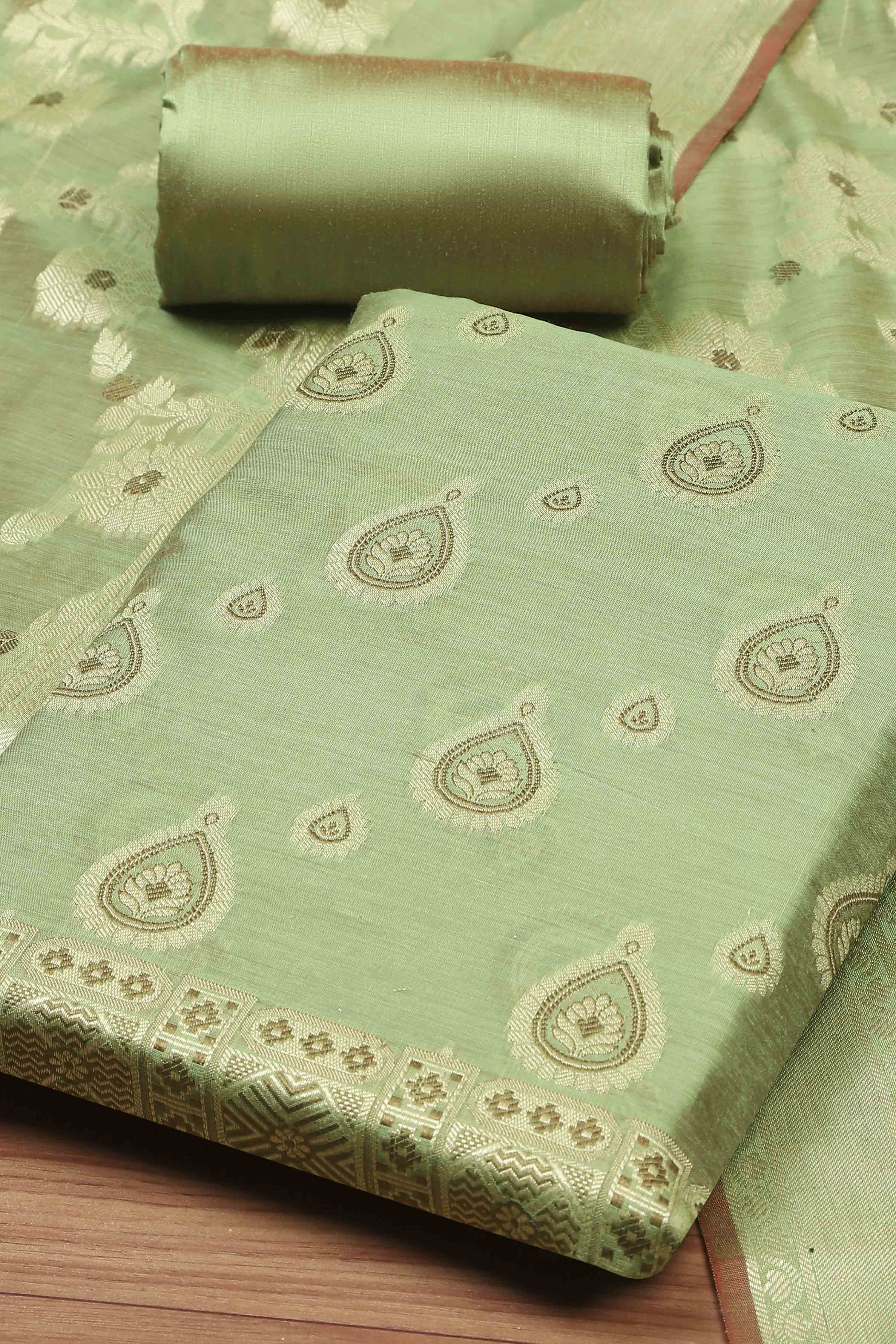 Red Chanderi  Unstitched Suit Set image number 1