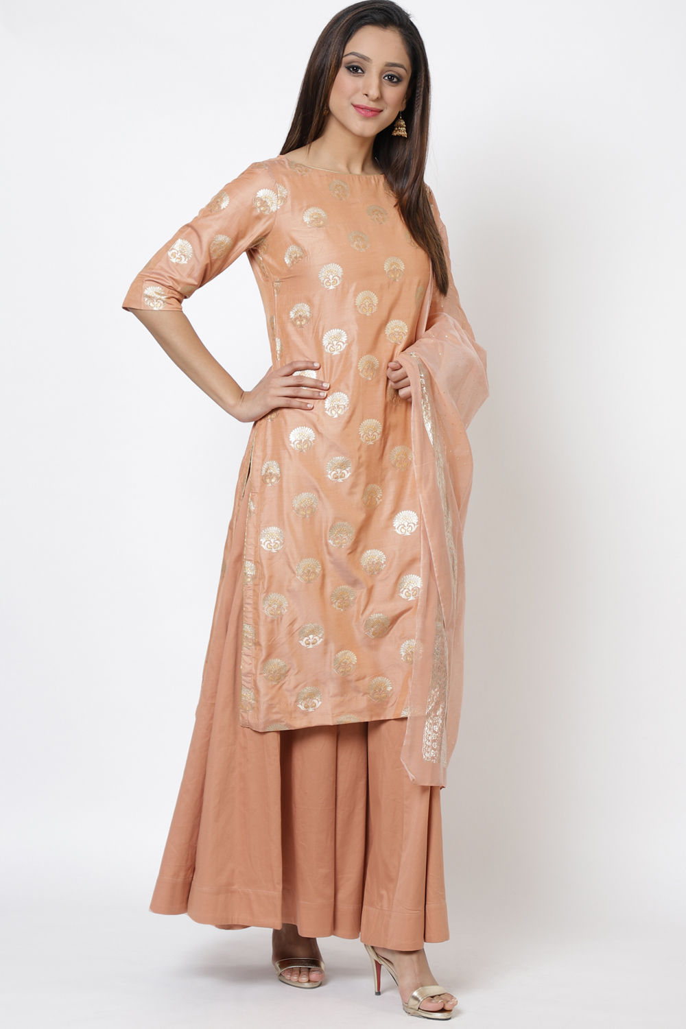 Peach Art Silk Straight Kurta Skirt Suit Set image number 3