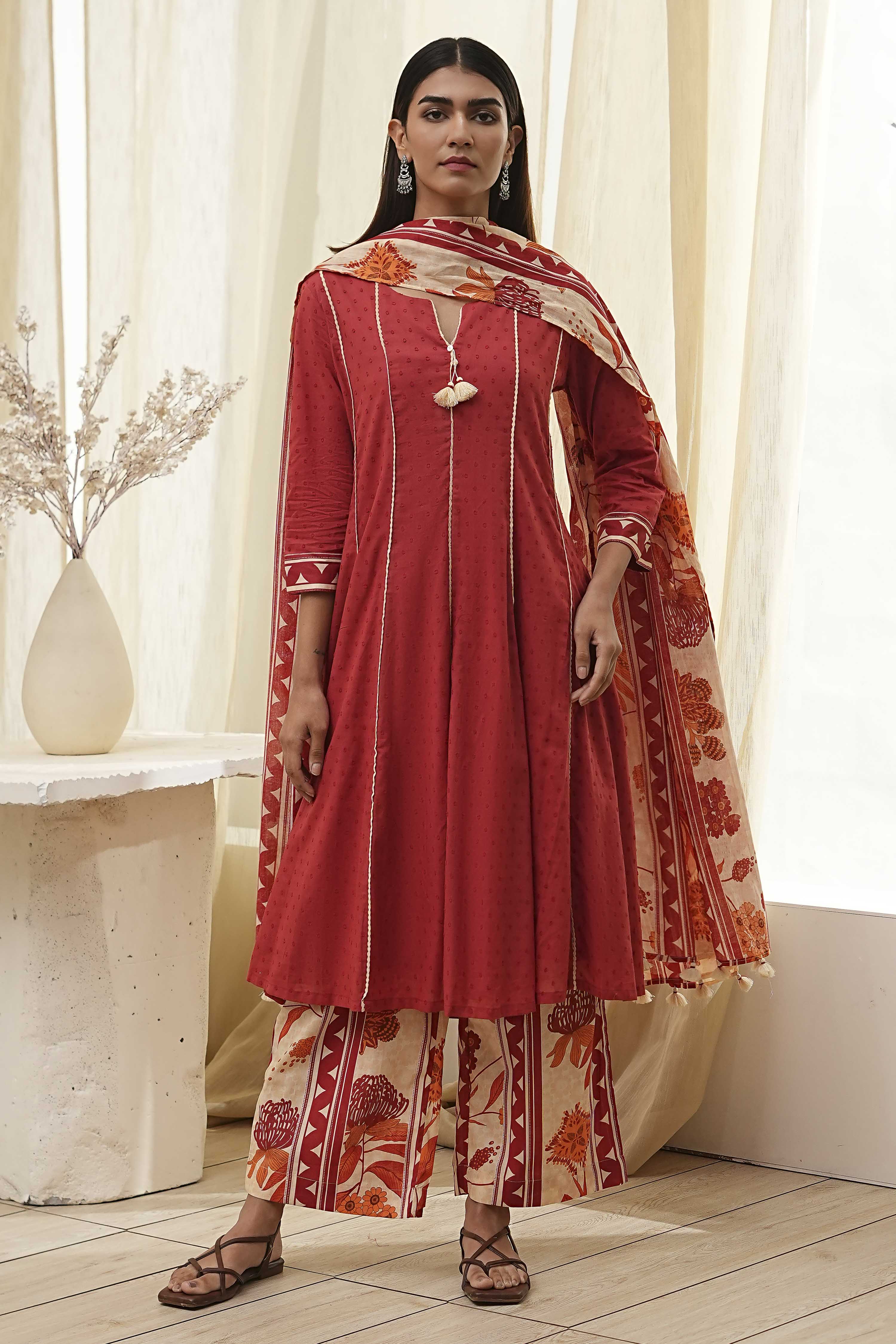 Rust Cotton Yarn-Dyed Kalidar Suit Set image number 6