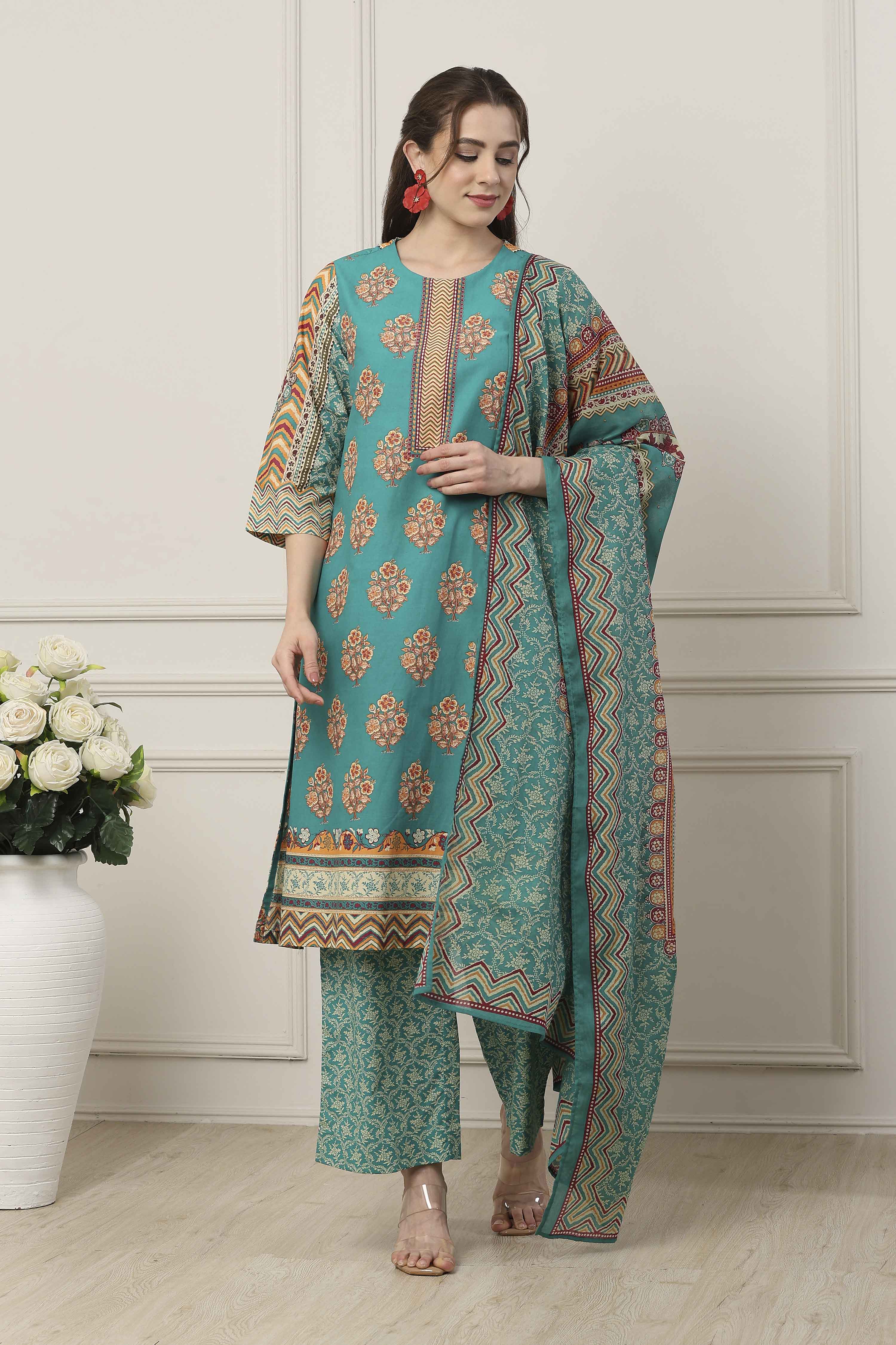 Red Cotton Floral Motifs Straight Suit Set image number 6