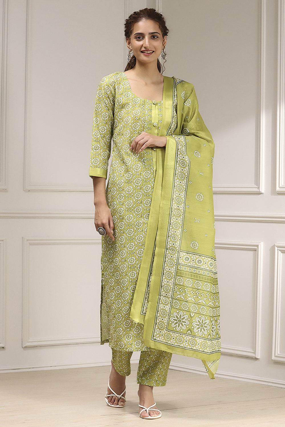 Green Cotton Digital Print Unstitched Suit Set image number 1