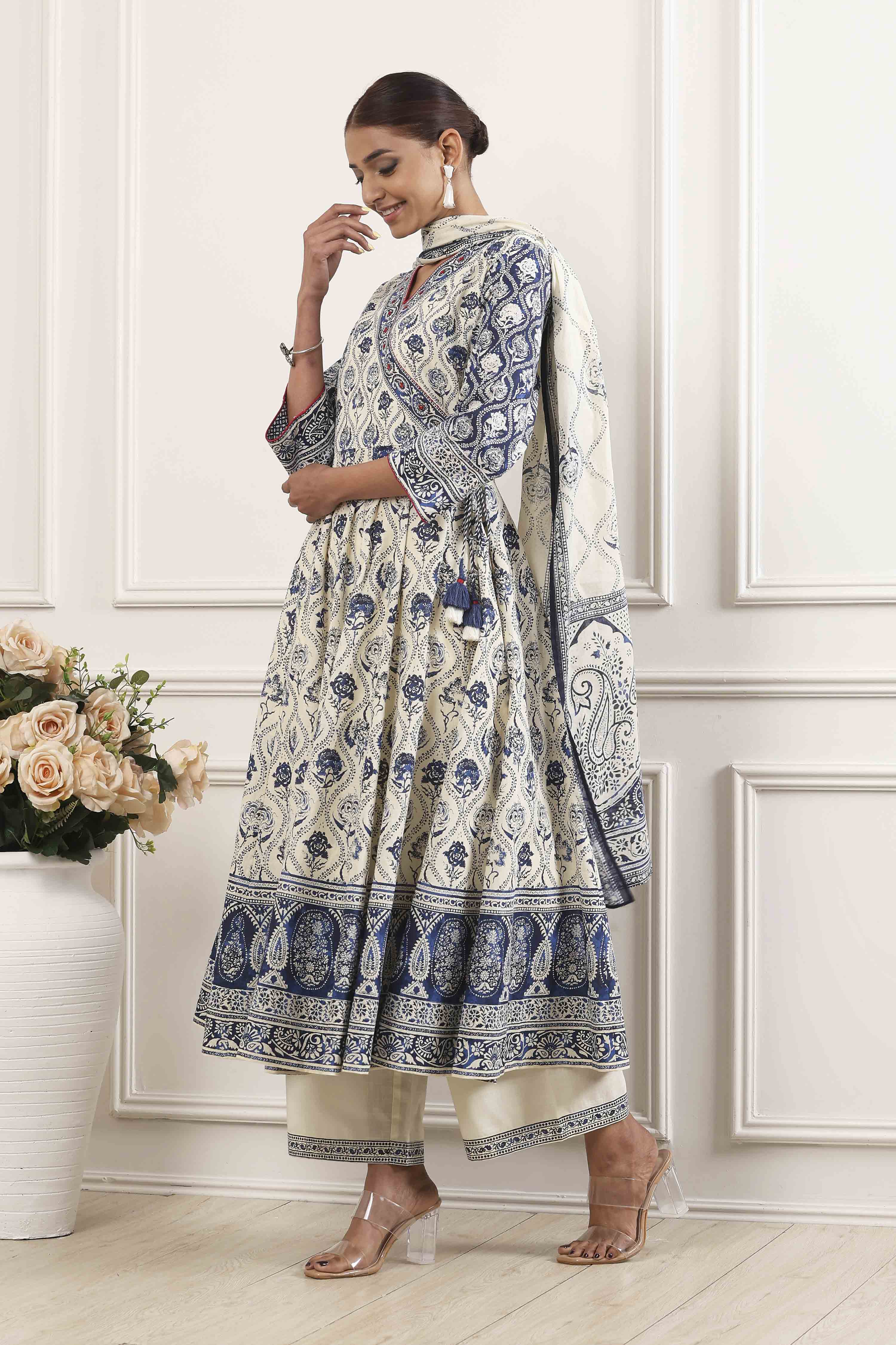 Indigo and Off-White Cotton Angrakha Anarkali Suit Set image number 3