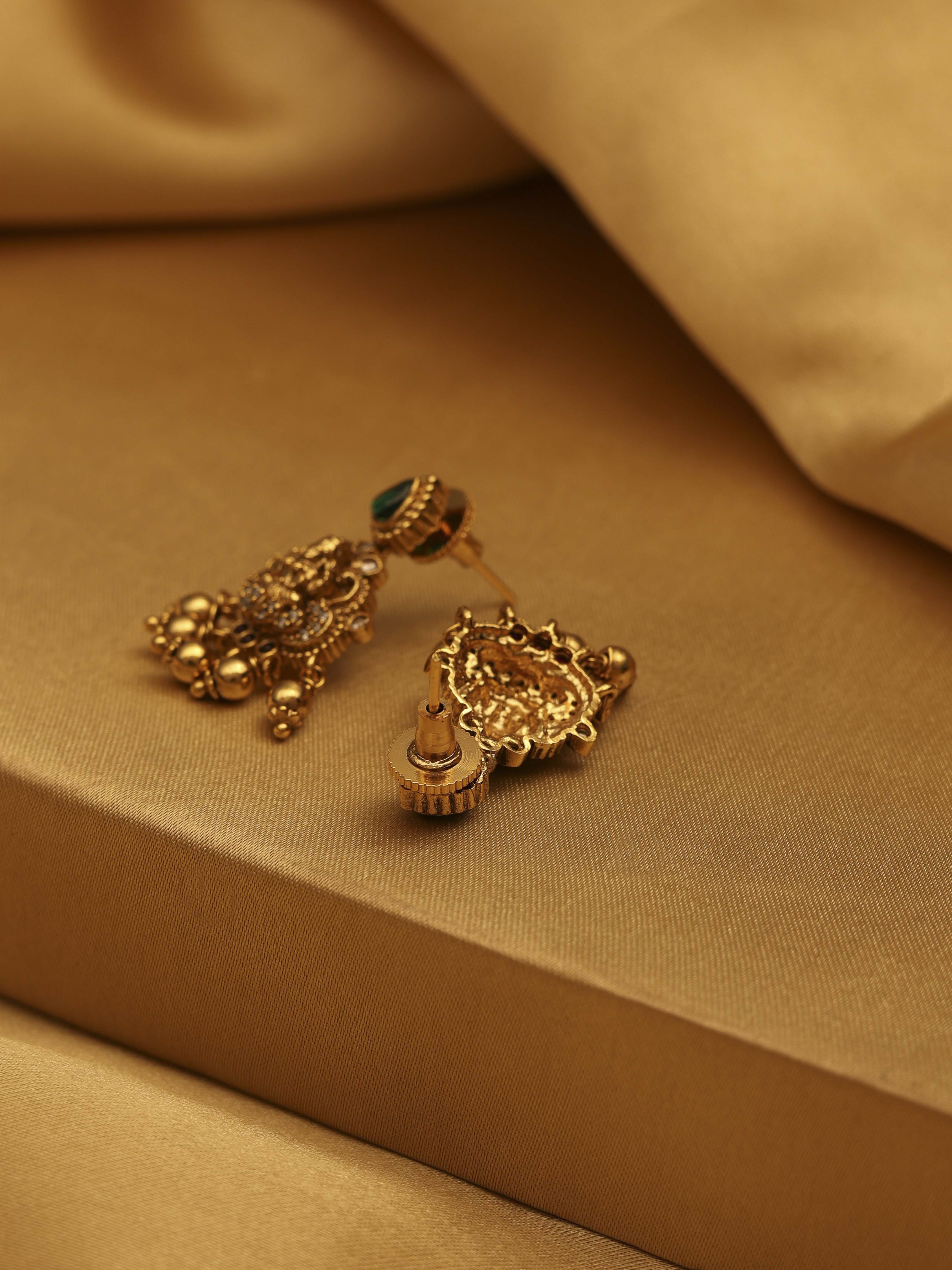 Green Brass Gold Plated Drop Earrings image number 2