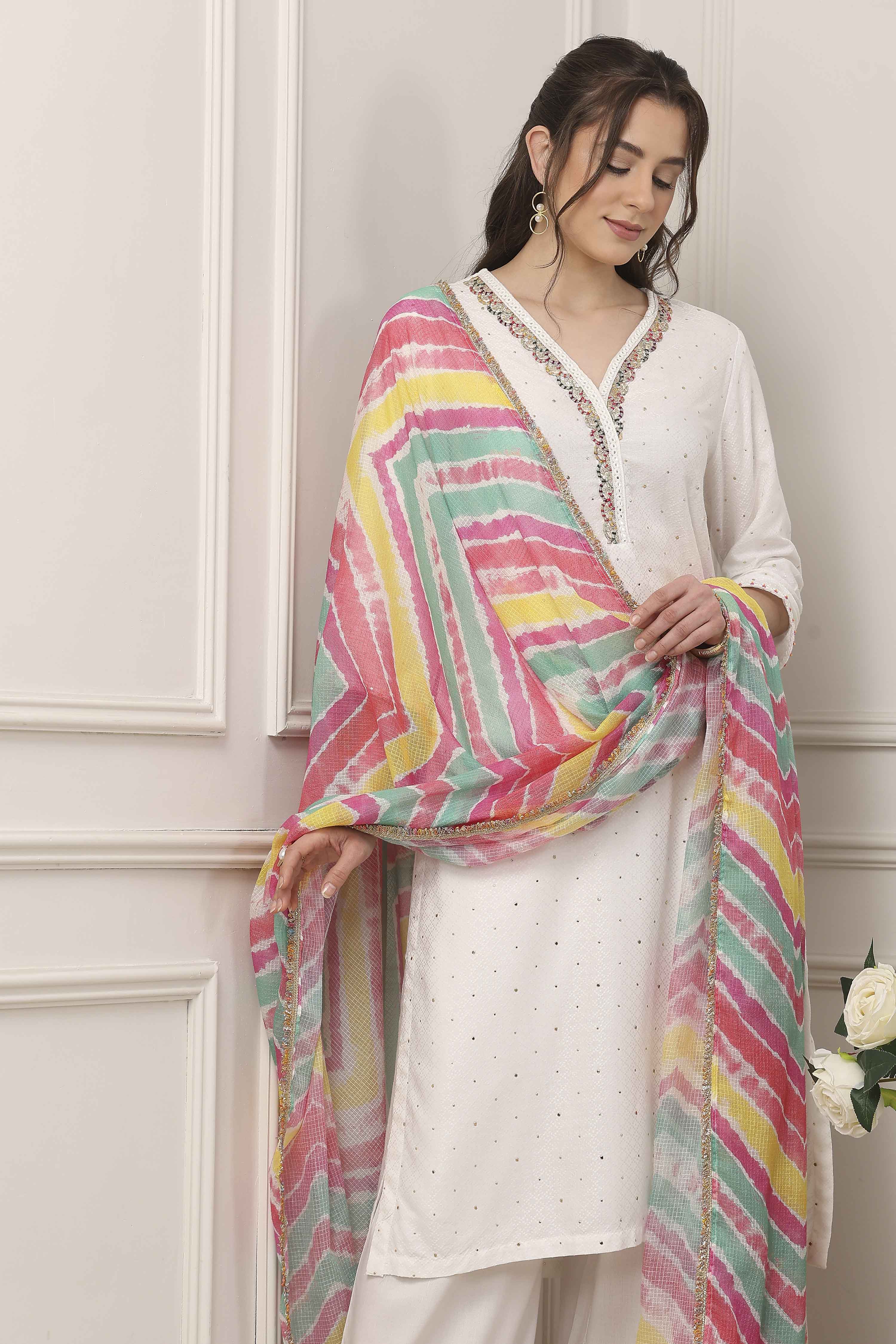 White & Pink Yoke Design Straight Suit Set image number 7