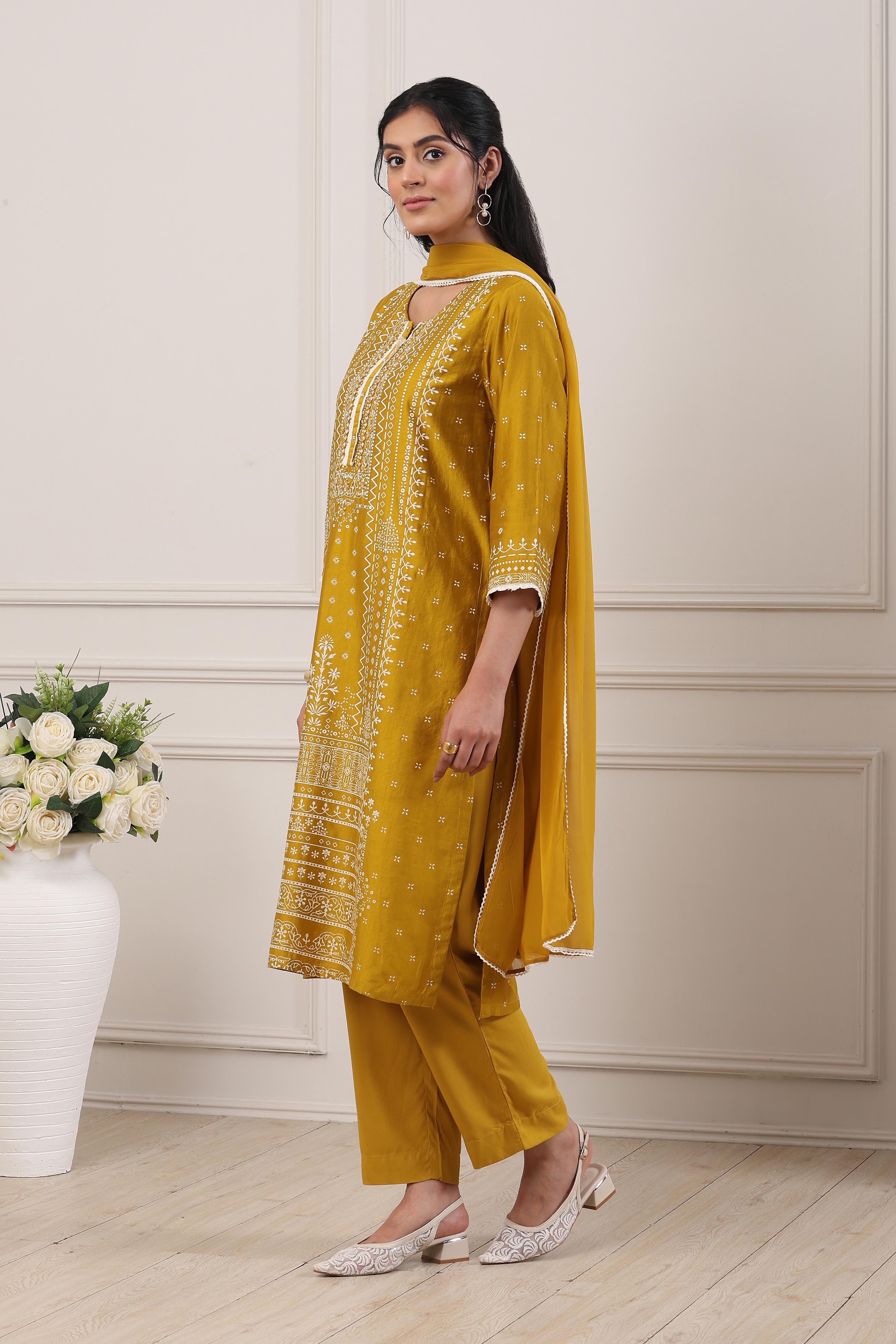 Mustard Yellow Ethnic Motifs Straight Suit Set image number 3