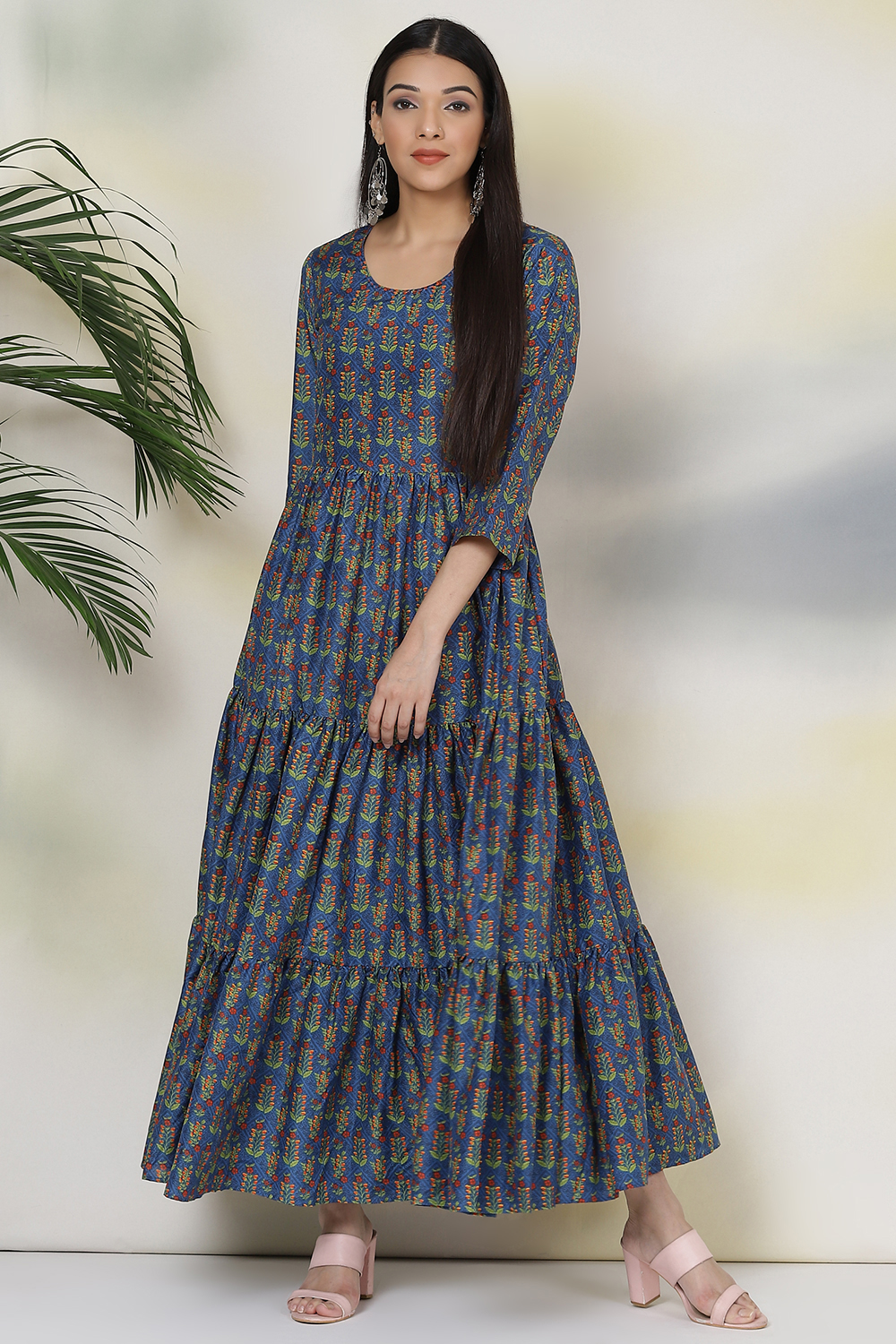 Blue Art Silk Flared Fusion Dress image number 3