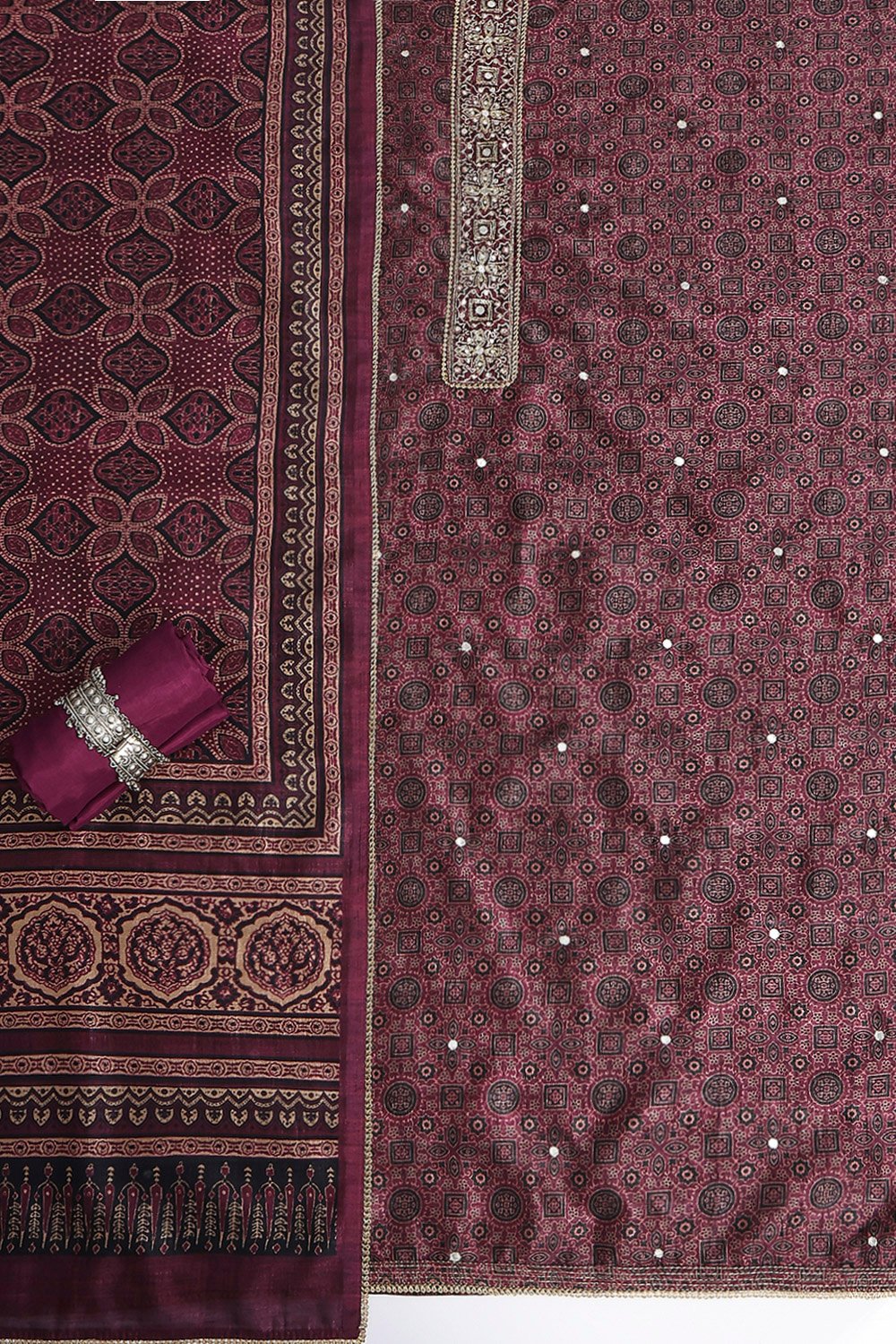Wine Silk Blend Hand Embroidered Unstitched Suit Set image number 1